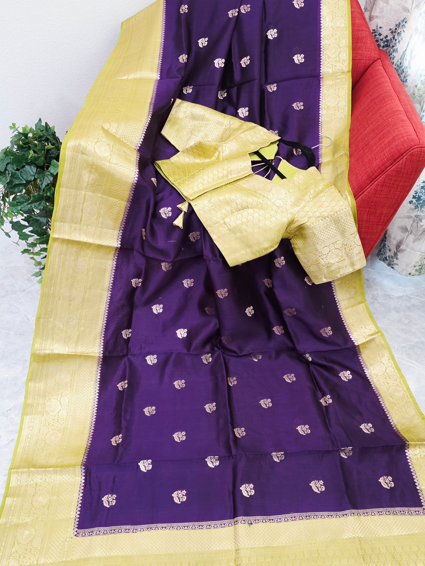 Royal Deep Purple Semi mango Silk Saree with Antique Gold Zari Border & Stitched Blouse