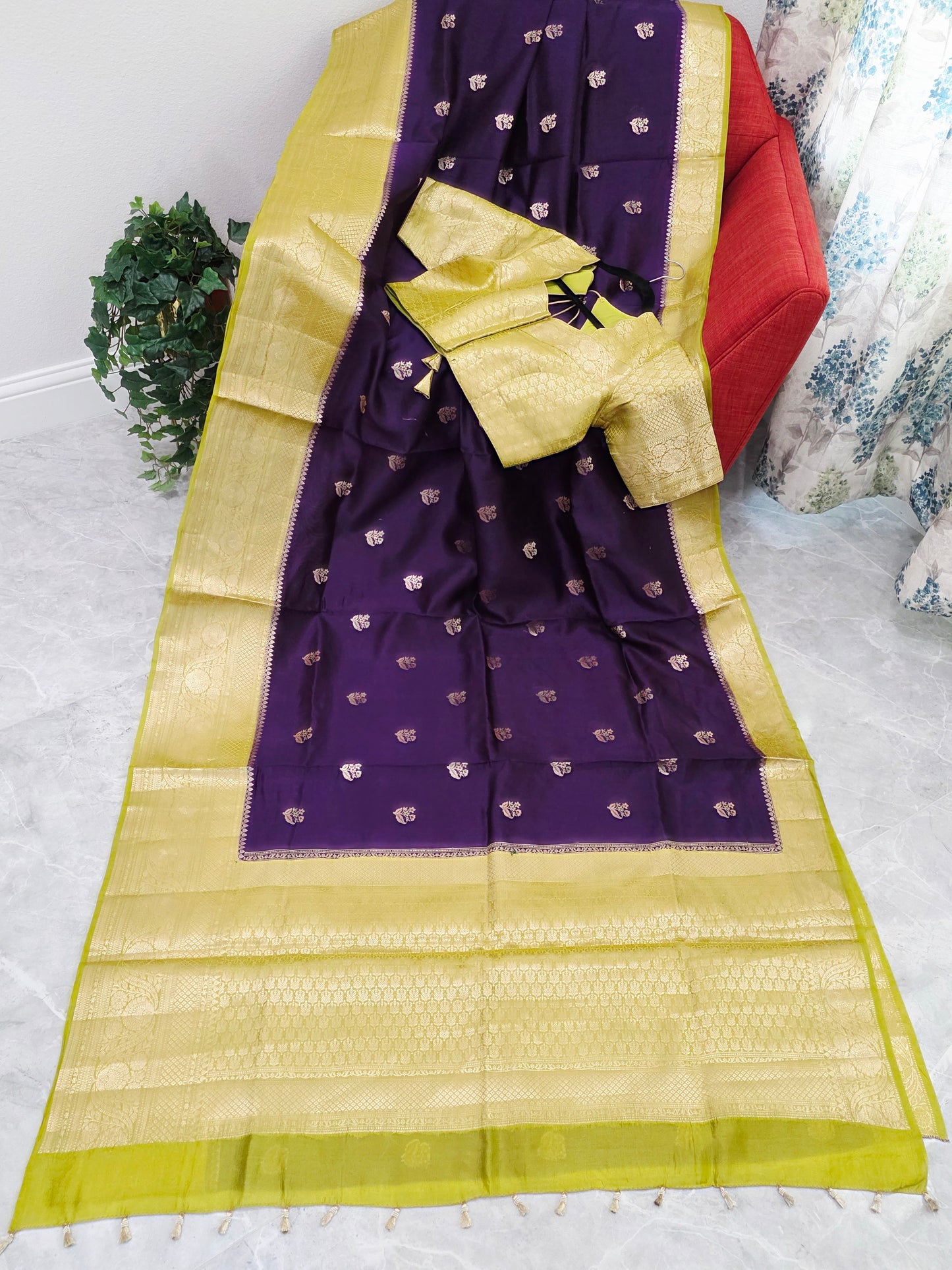 Royal Deep Purple Semi mango Silk Saree with Antique Gold Zari Border & Stitched Blouse