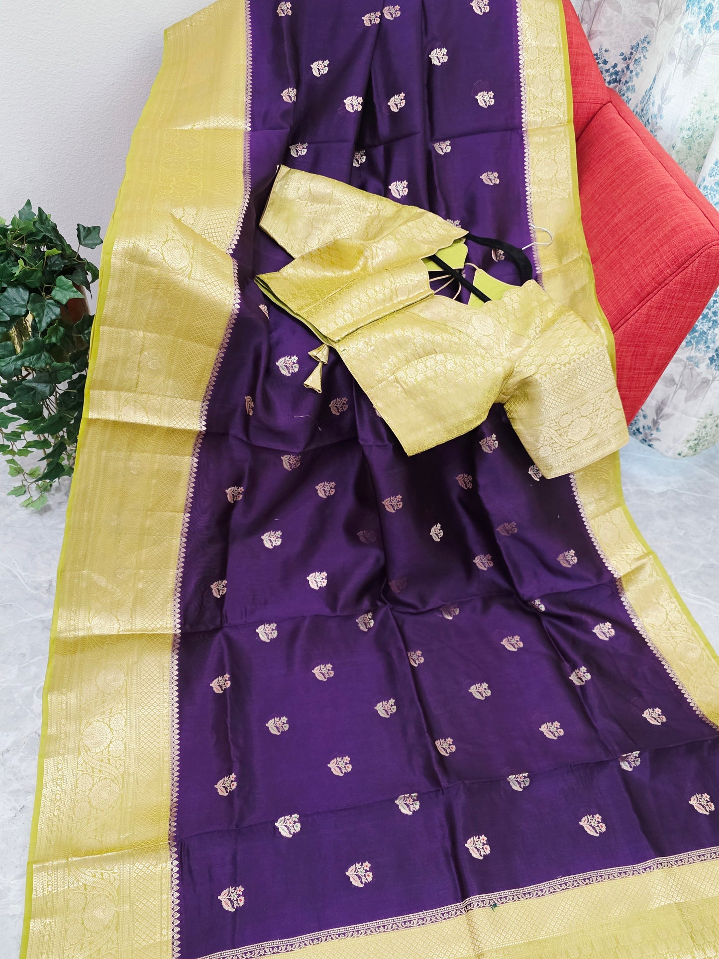 Royal Deep Purple Semi mango Silk Saree with Antique Gold Zari Border & Stitched Blouse