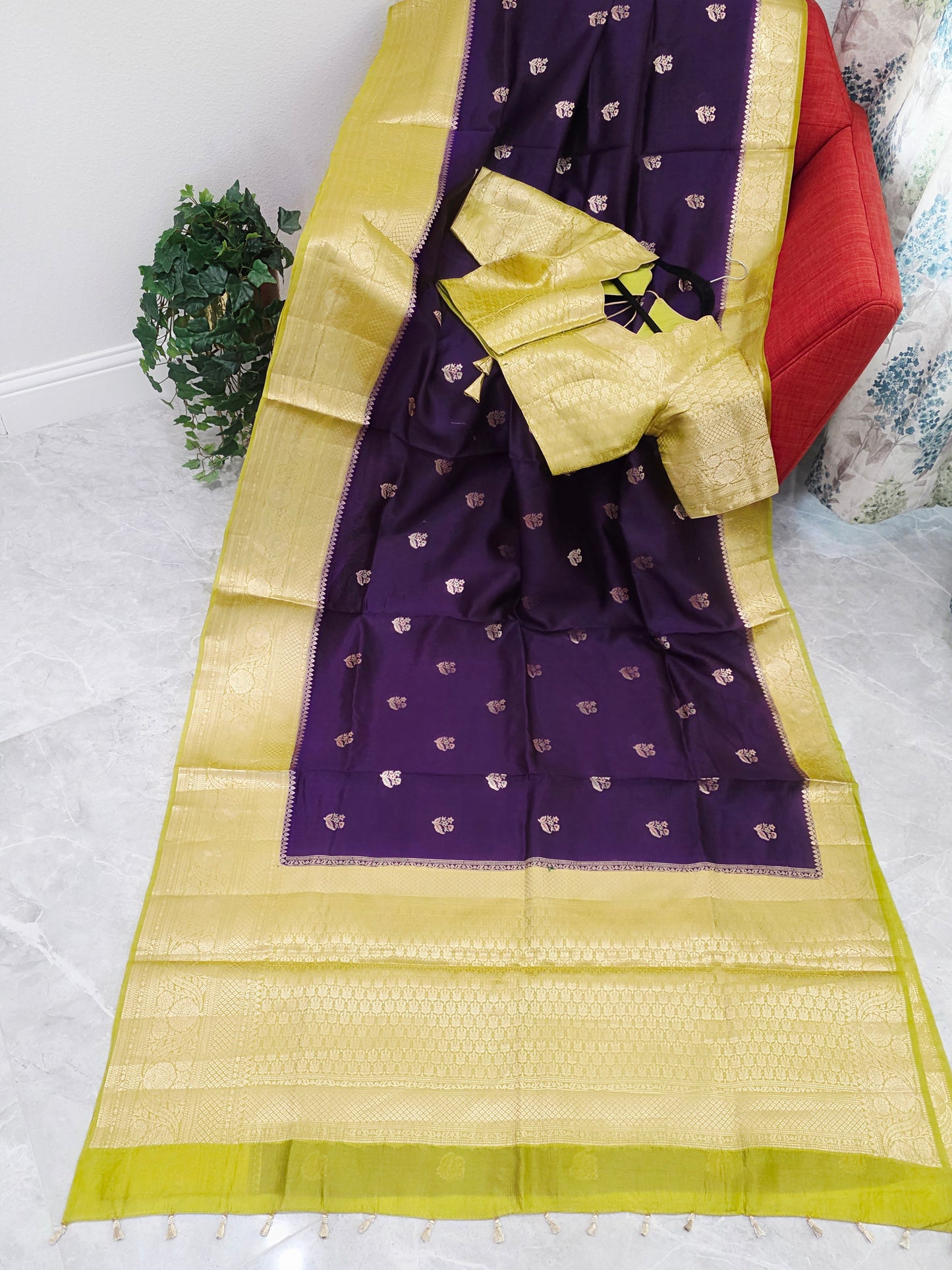 Royal Deep Purple Semi mango Silk Saree with Antique Gold Zari Border & Stitched Blouse