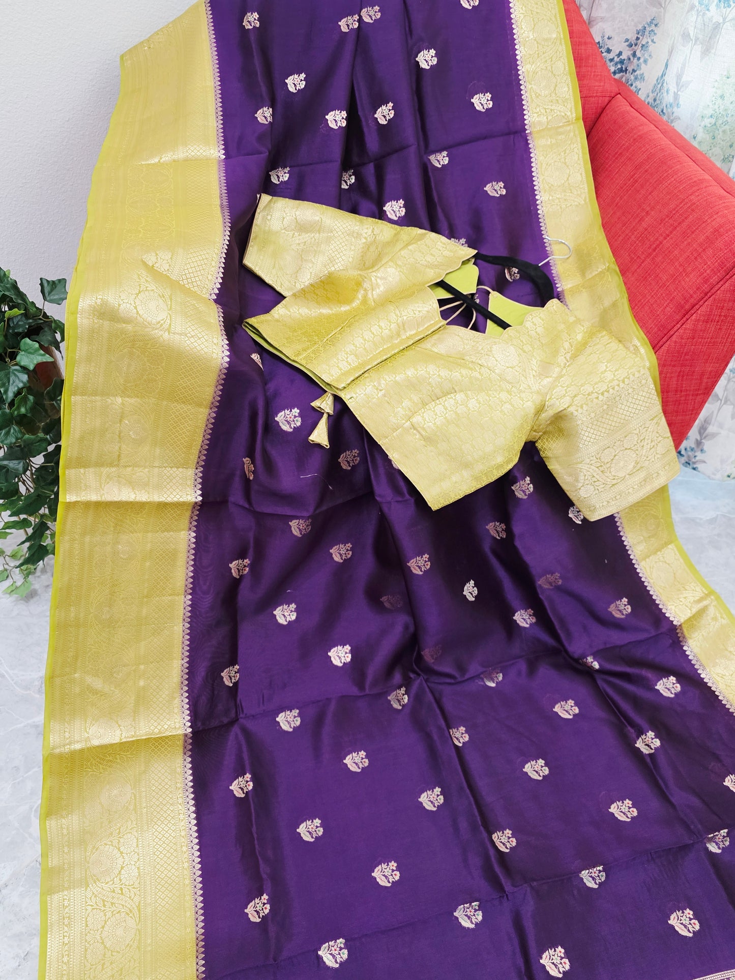 Royal Deep Purple Semi mango Silk Saree with Antique Gold Zari Border & Stitched Blouse