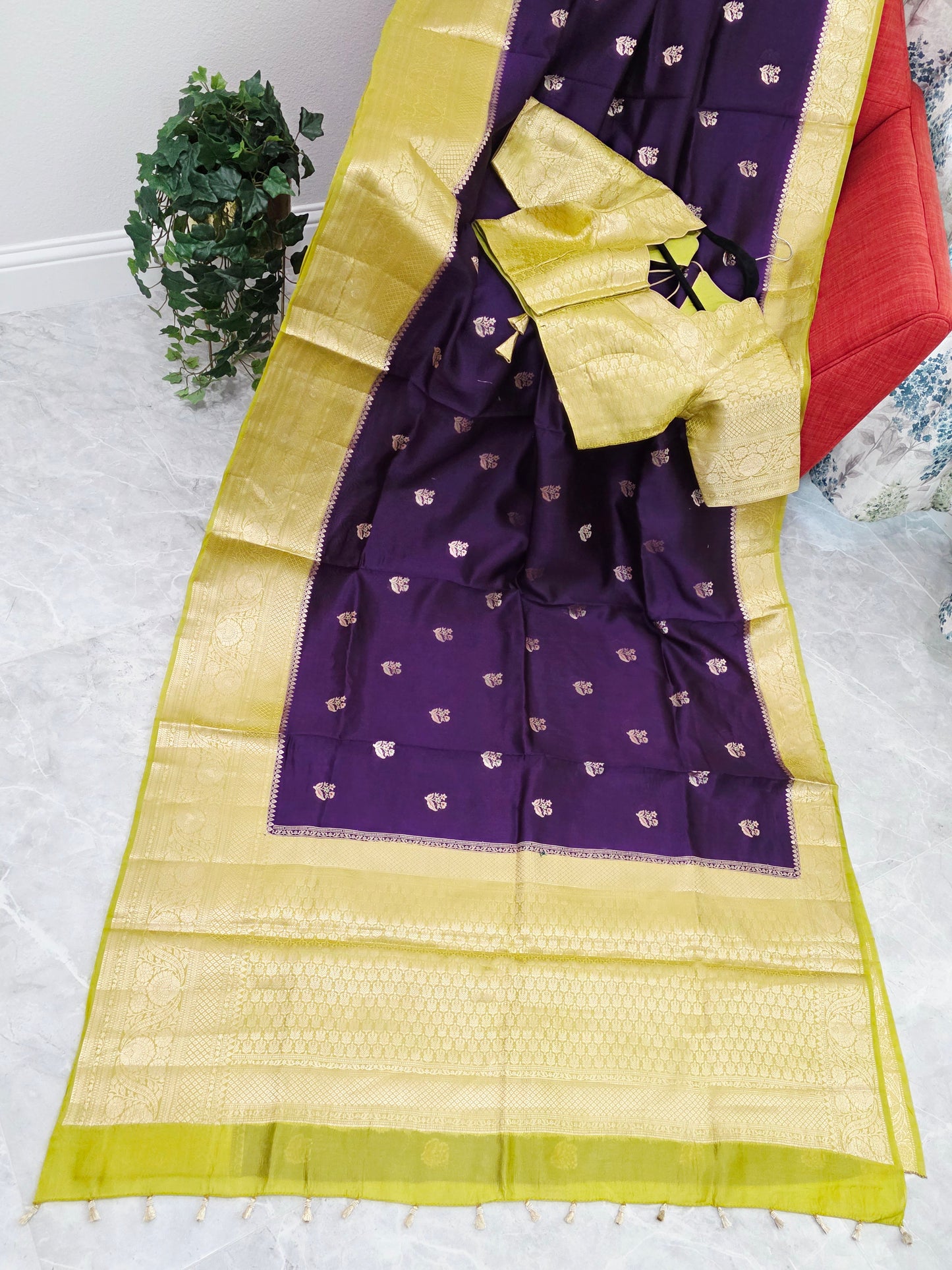 Royal Deep Purple Semi mango Silk Saree with Antique Gold Zari Border & Stitched Blouse