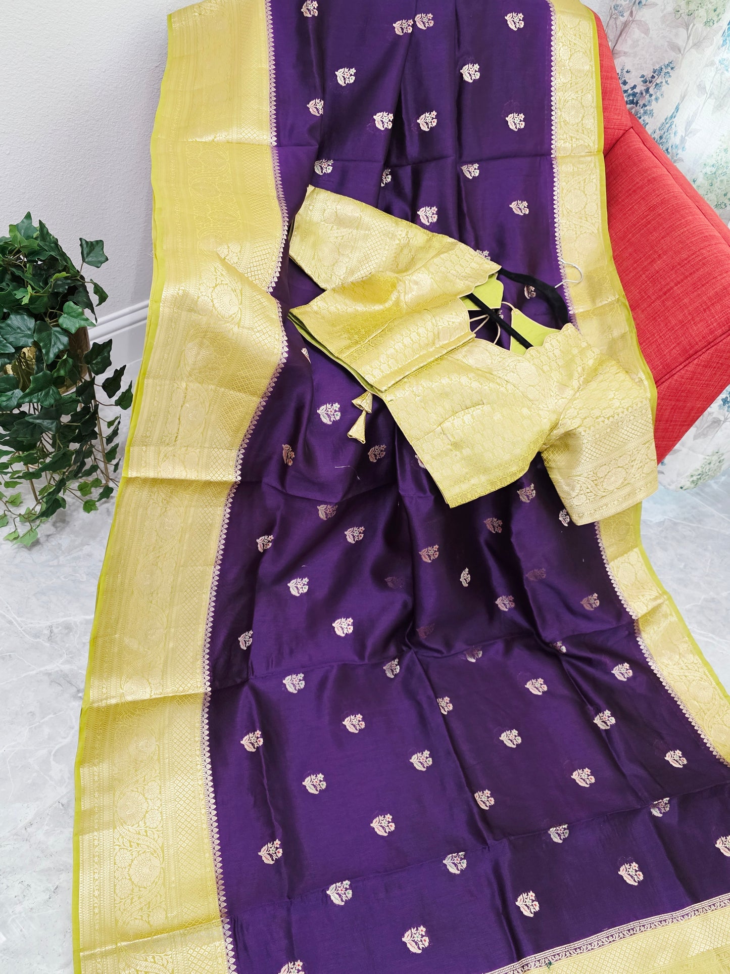 Royal Deep Purple Semi mango Silk Saree with Antique Gold Zari Border & Stitched Blouse
