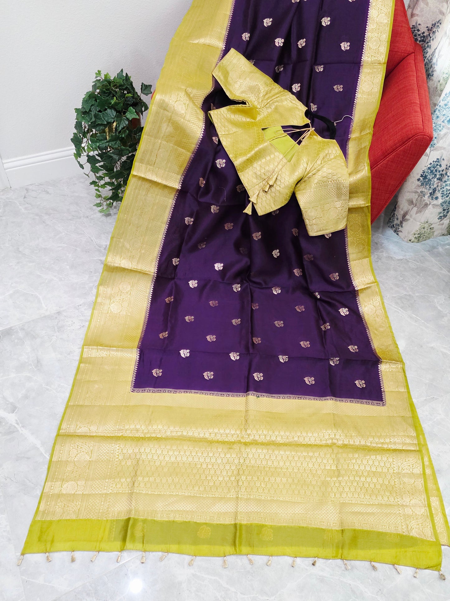 Royal Deep Purple Semi mango Silk Saree with Antique Gold Zari Border & Stitched Blouse