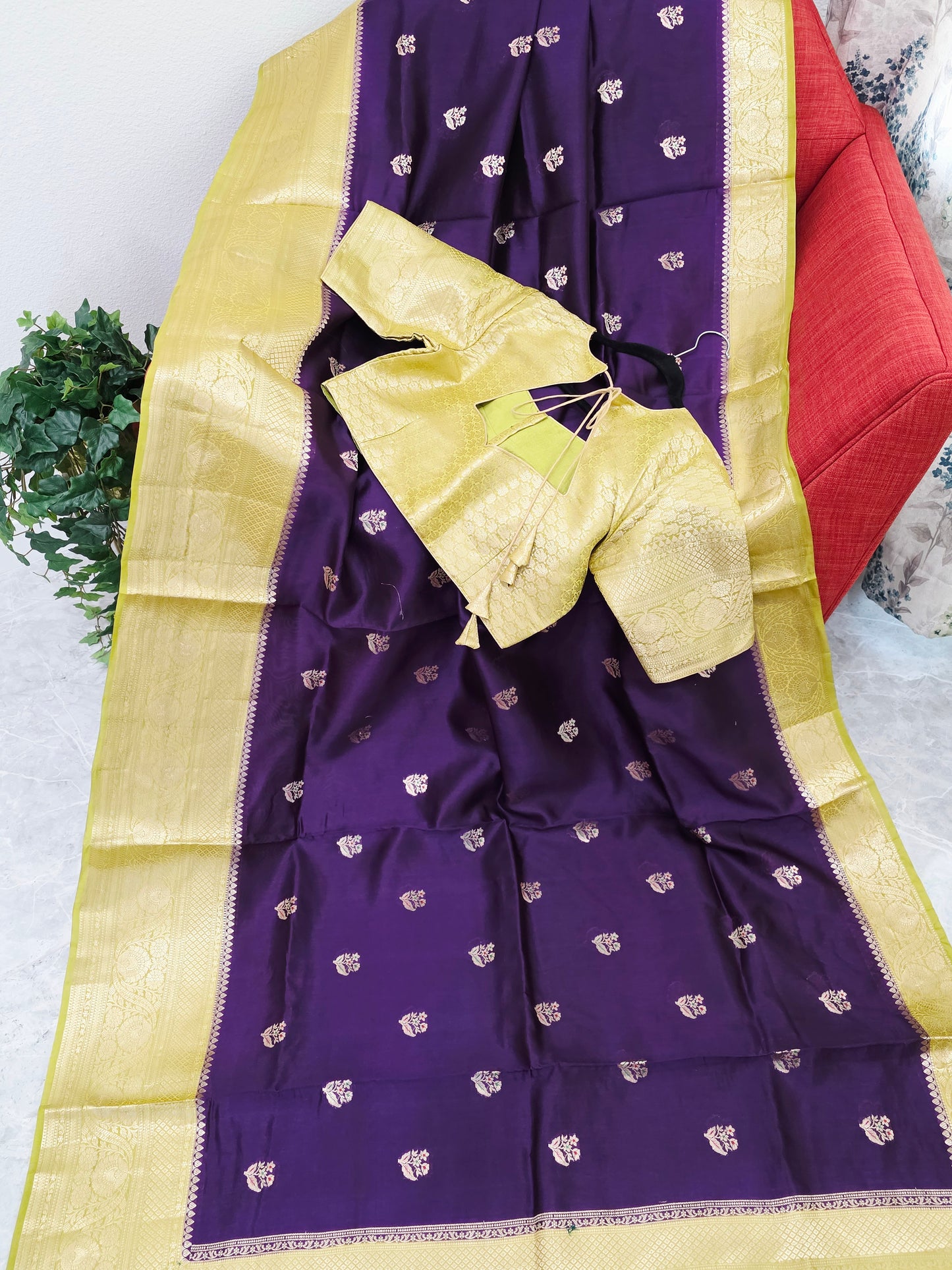 Royal Deep Purple Semi mango Silk Saree with Antique Gold Zari Border & Stitched Blouse