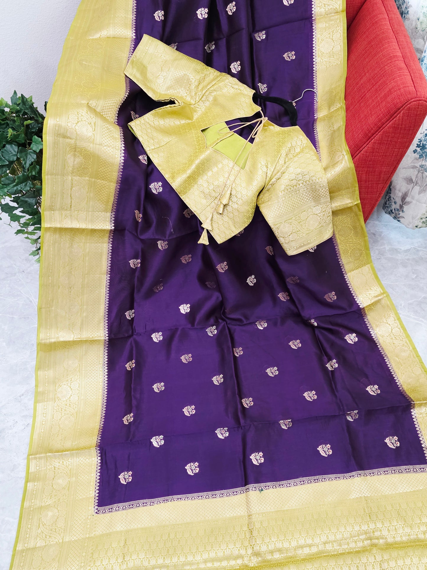 Royal Deep Purple Semi mango Silk Saree with Antique Gold Zari Border & Stitched Blouse