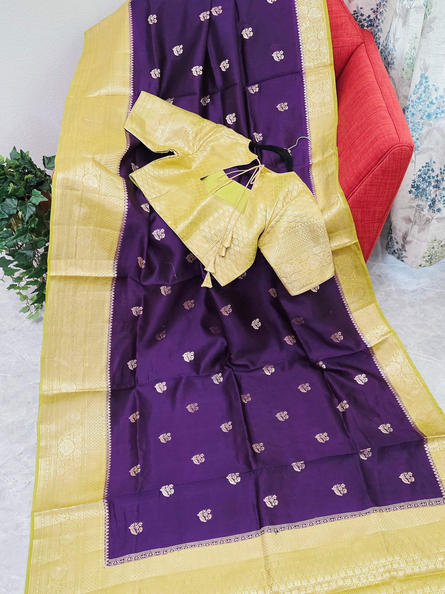 Royal Deep Purple Semi mango Silk Saree with Antique Gold Zari Border & Stitched Blouse