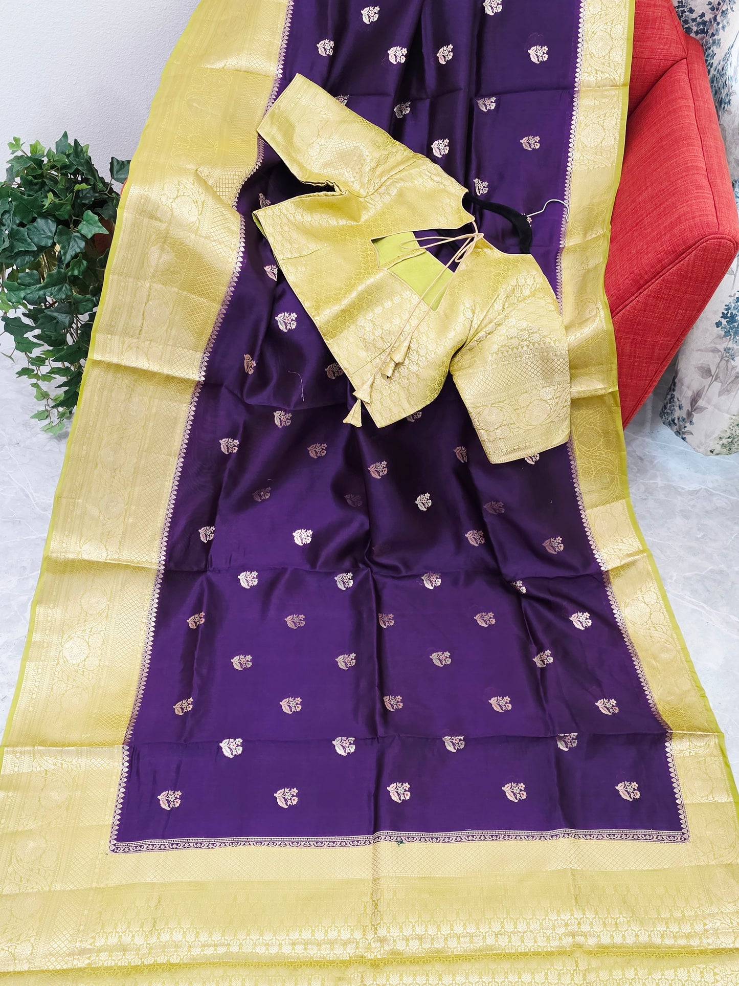 Royal Deep Purple Semi mango Silk Saree with Antique Gold Zari Border & Stitched Blouse