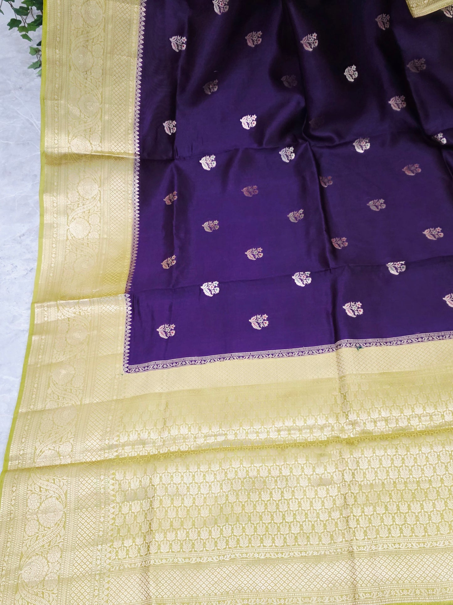 Royal Deep Purple Semi mango Silk Saree with Antique Gold Zari Border & Stitched Blouse