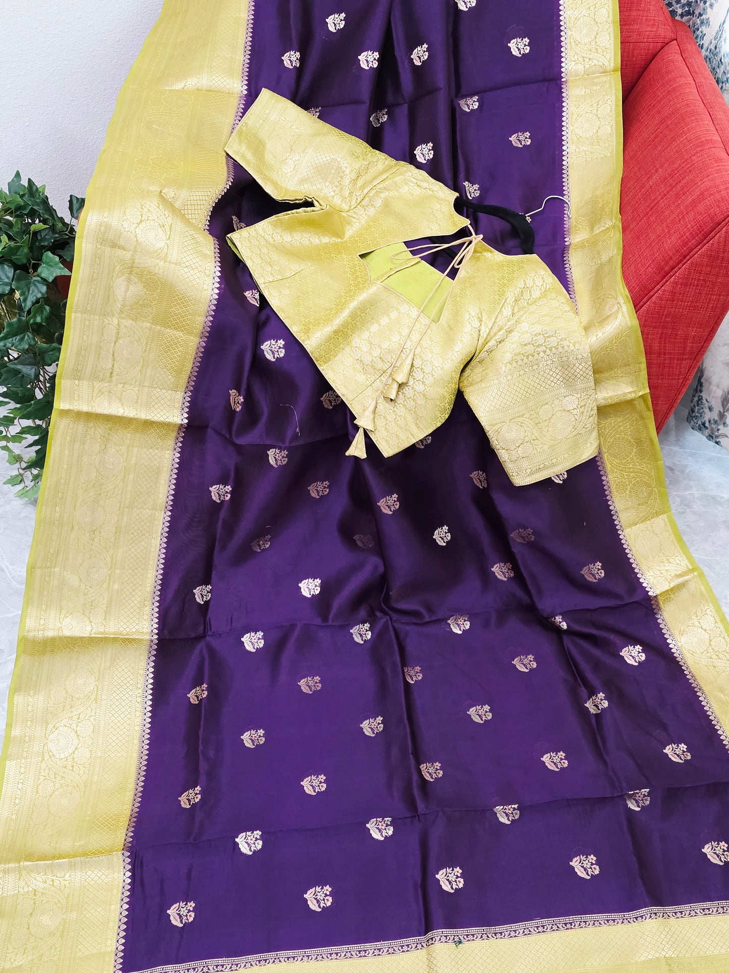 Royal Deep Purple Semi mango Silk Saree with Antique Gold Zari Border & Stitched Blouse