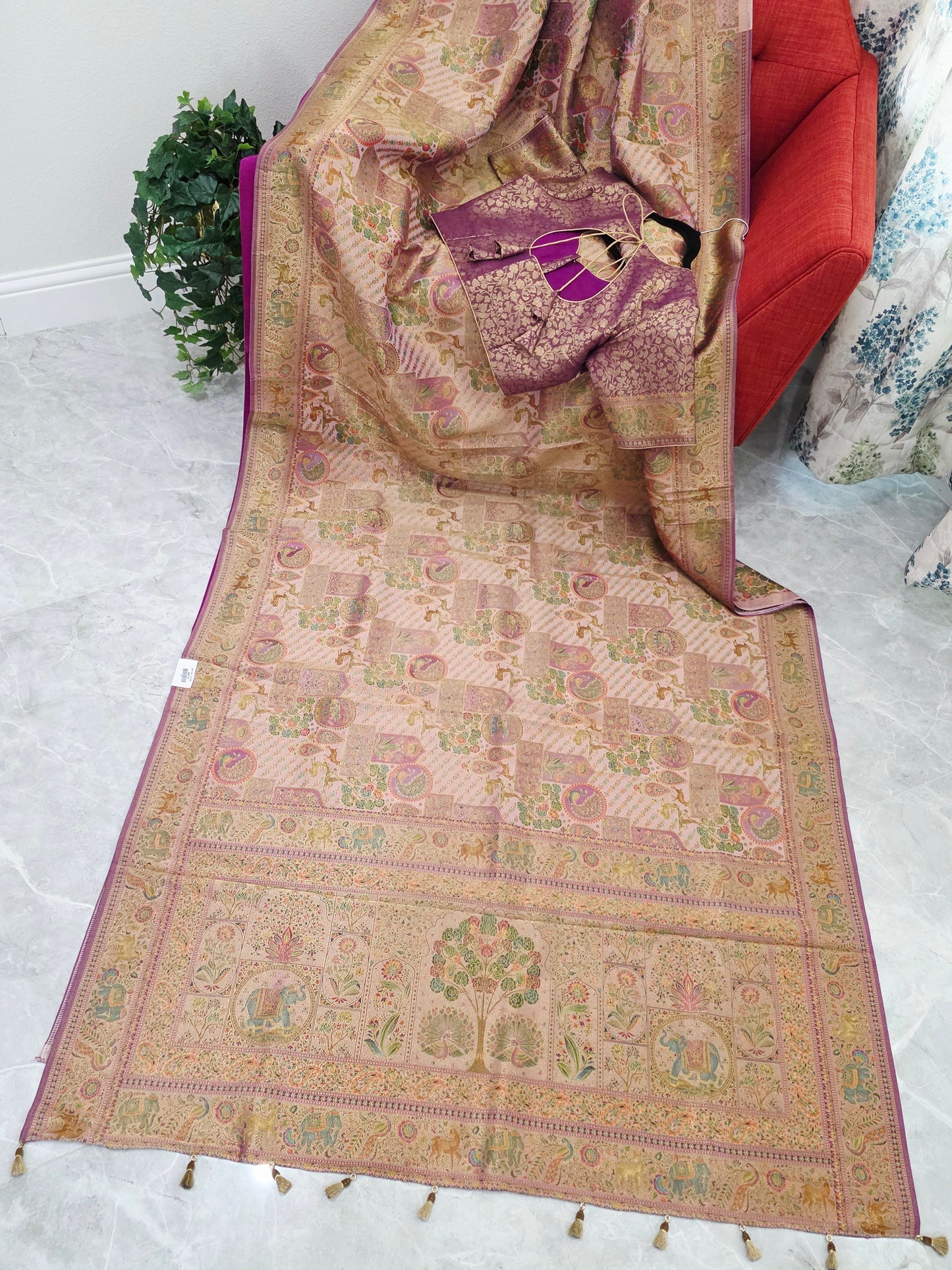 Royal Blush Gold Benarasi Silk Saree with Heritage Pallu & Stitched Blouse