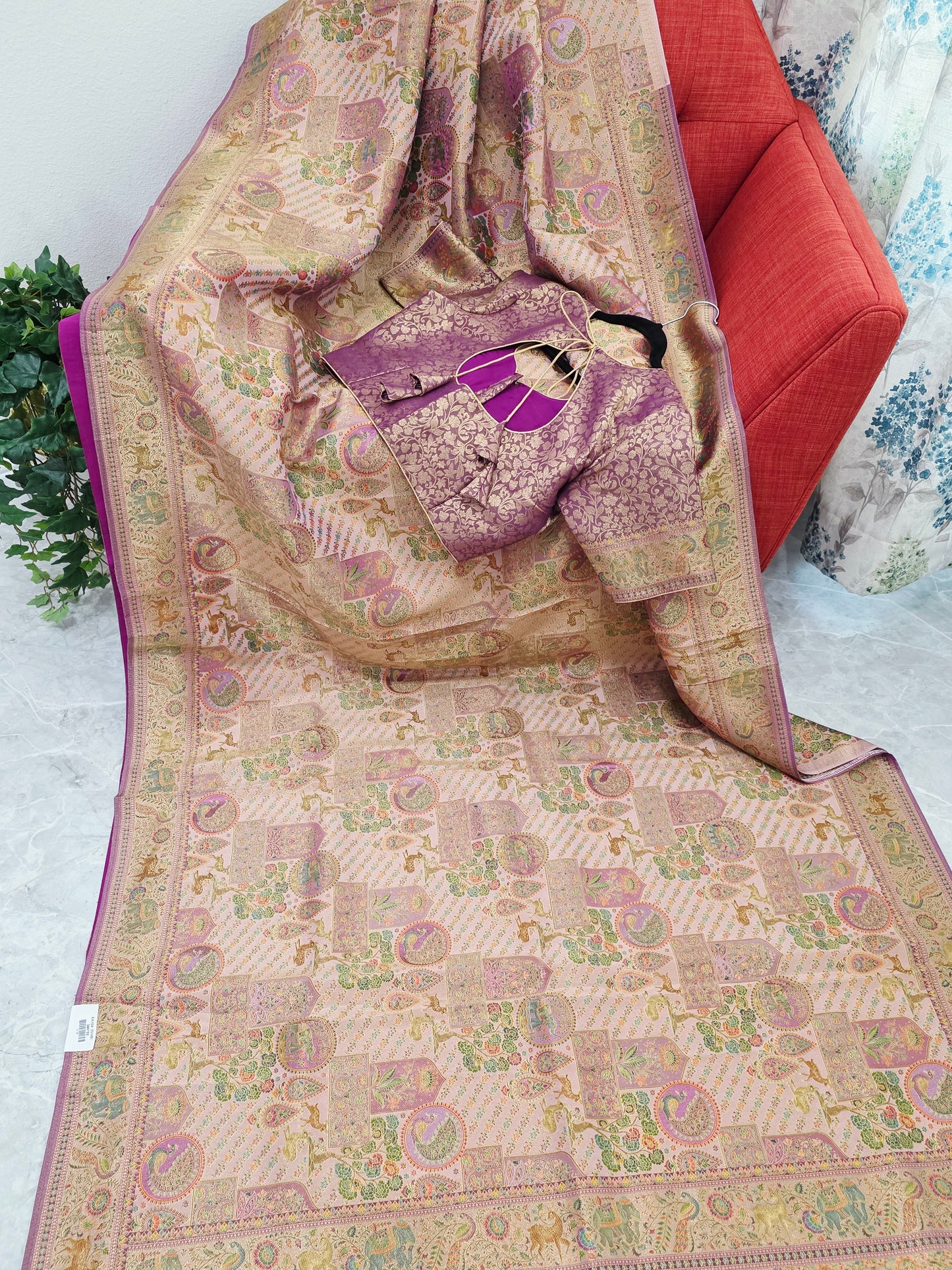 Royal Blush Gold Benarasi Silk Saree with Heritage Pallu & Stitched Blouse