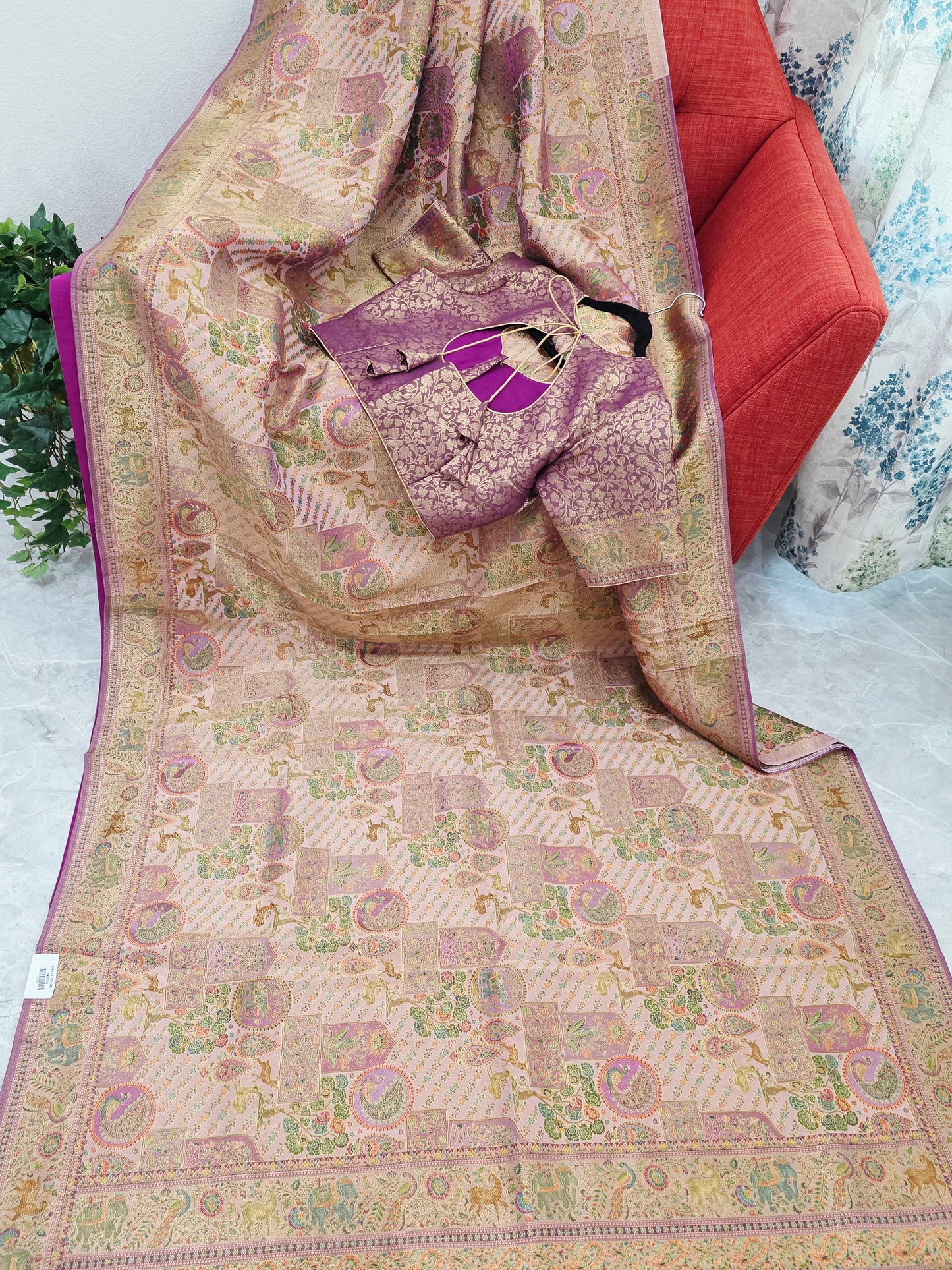 Royal Blush Gold Benarasi Silk Saree with Heritage Pallu & Stitched Blouse