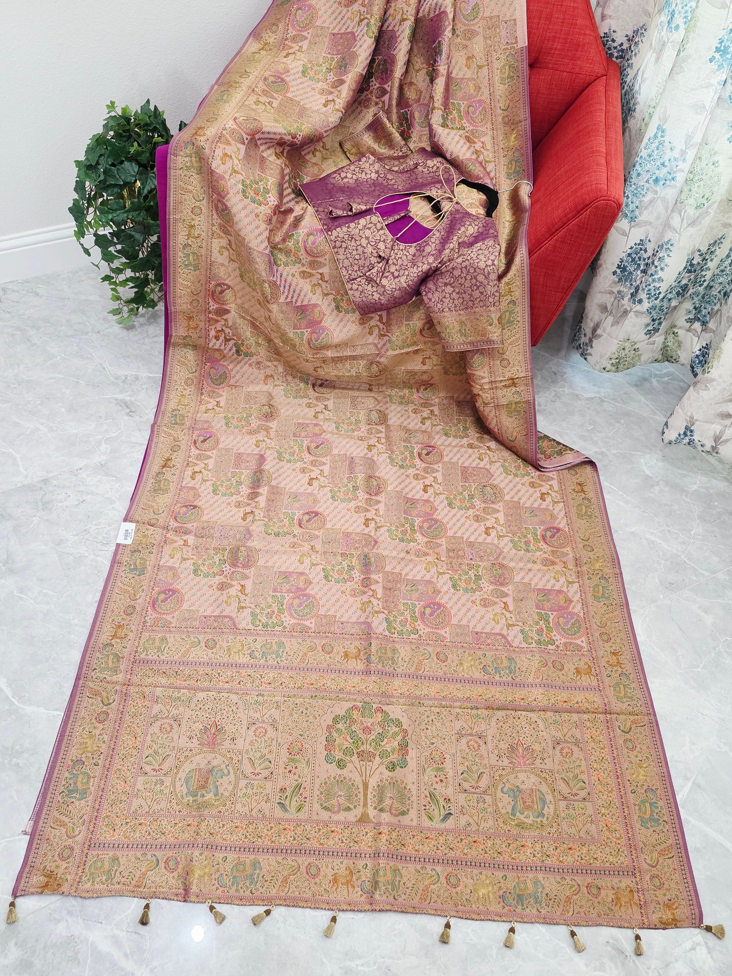 Royal Blush Gold Benarasi Silk Saree with Heritage Pallu & Stitched Blouse