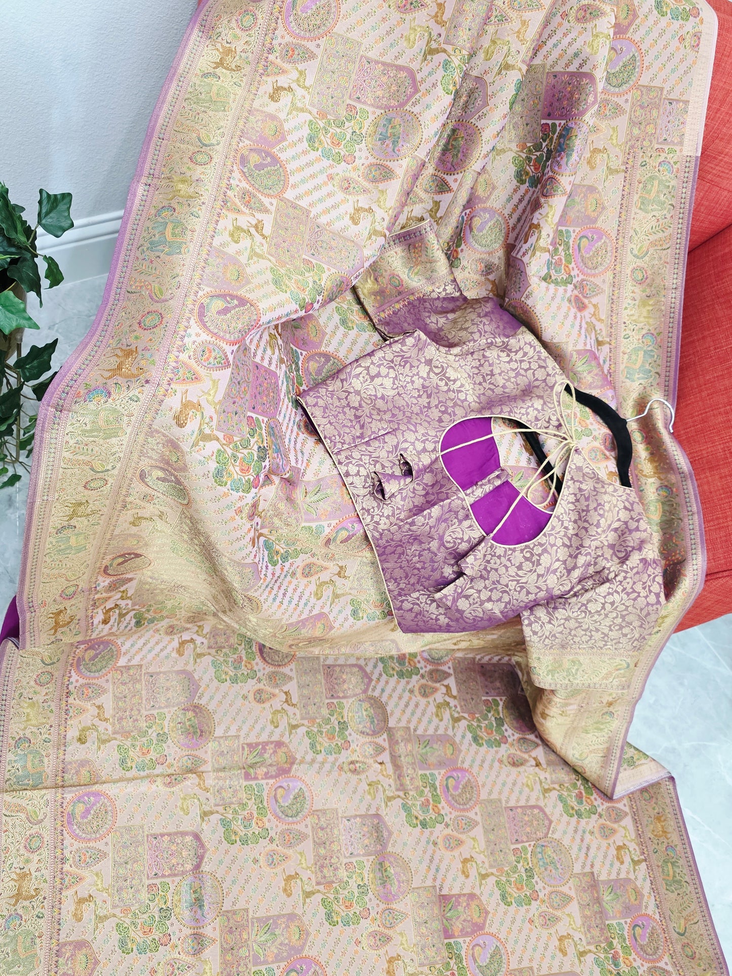 Royal Blush Gold Benarasi Silk Saree with Heritage Pallu & Stitched Blouse