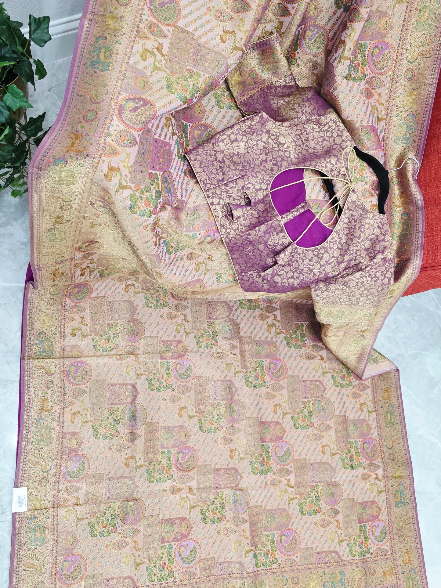 Royal Blush Gold Benarasi Silk Saree with Heritage Pallu & Stitched Blouse