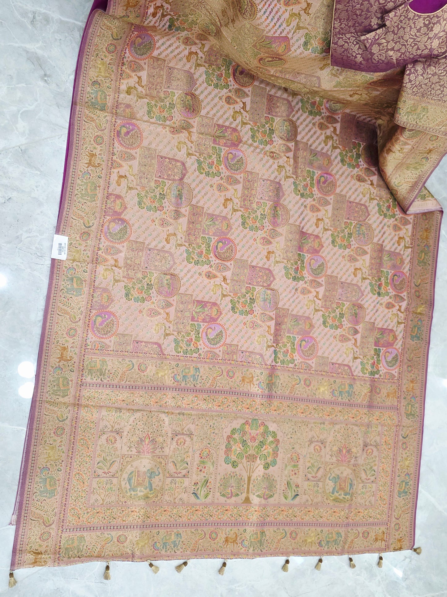 Royal Blush Gold Benarasi Silk Saree with Heritage Pallu & Stitched Blouse
