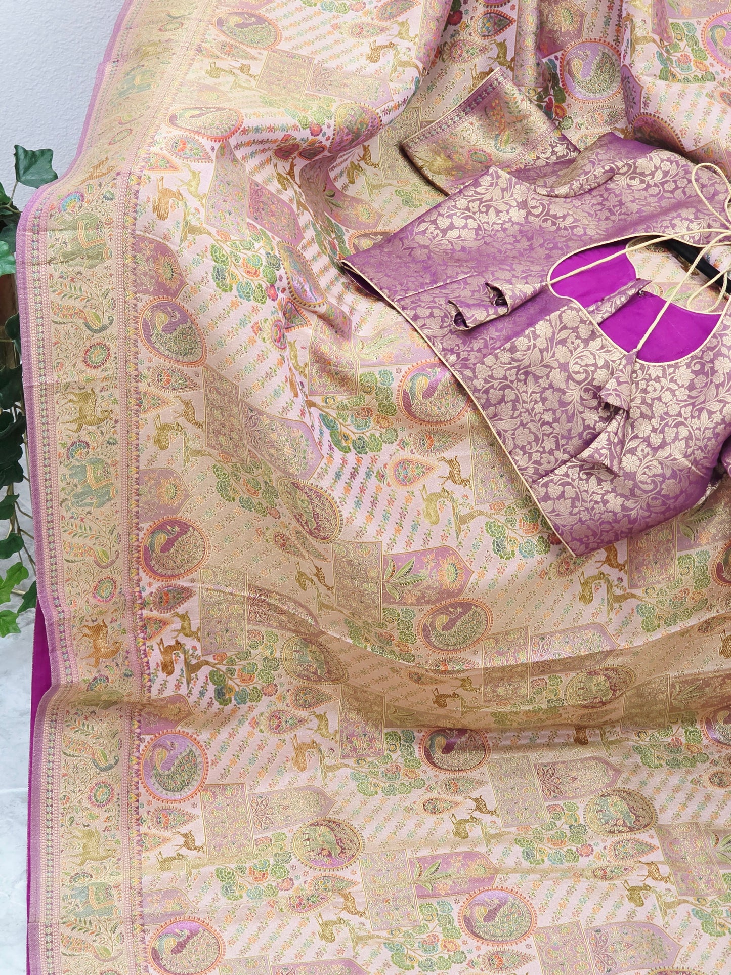 Royal Blush Gold Benarasi Silk Saree with Heritage Pallu & Stitched Blouse