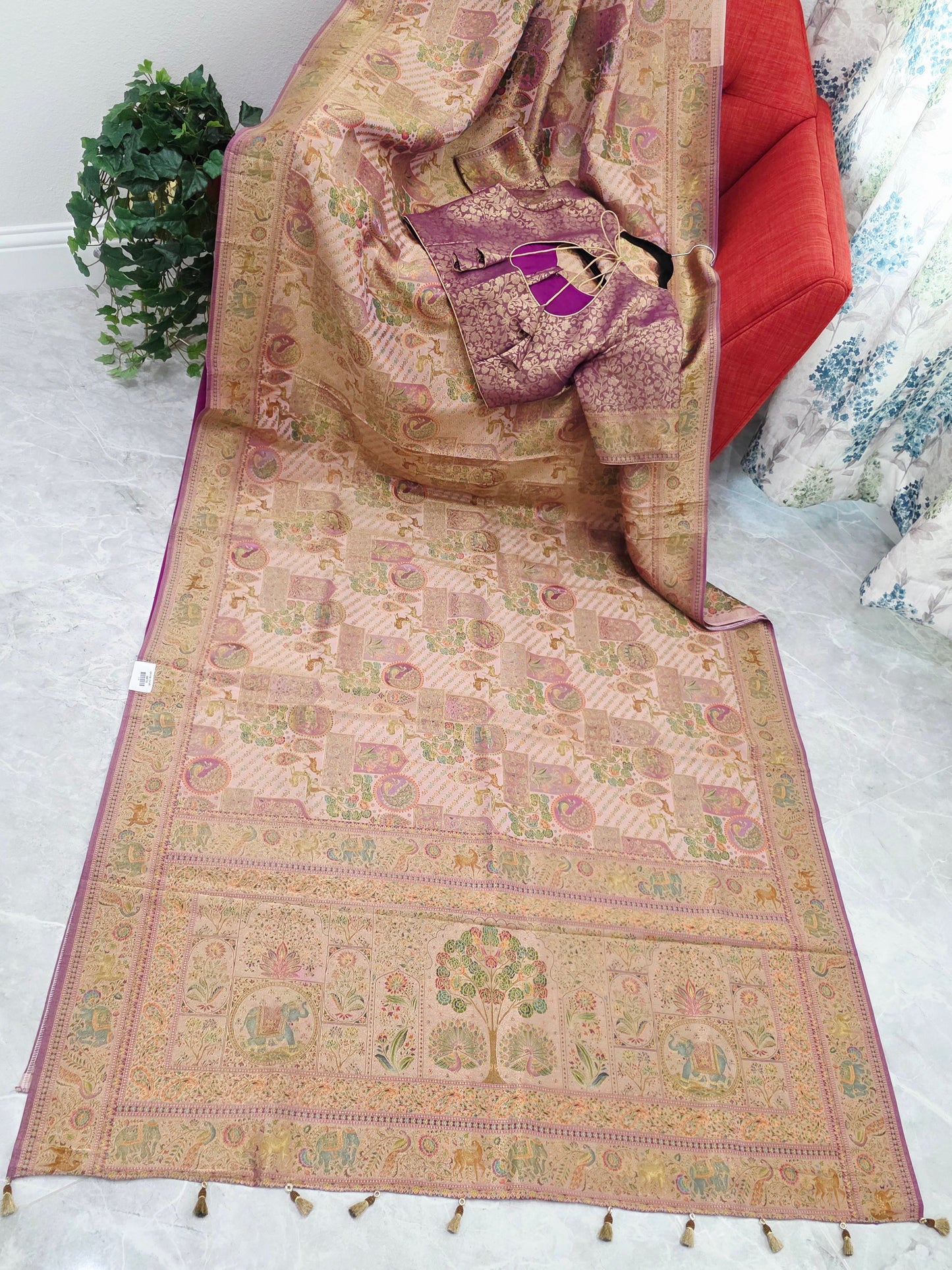 Royal Blush Gold Benarasi Silk Saree with Heritage Pallu & Stitched Blouse