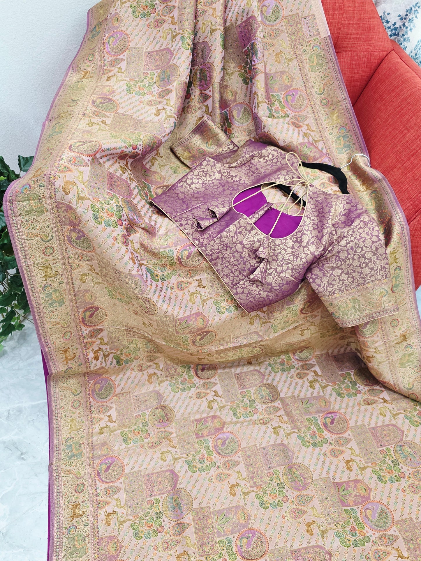 Royal Blush Gold Benarasi Silk Saree with Heritage Pallu & Stitched Blouse