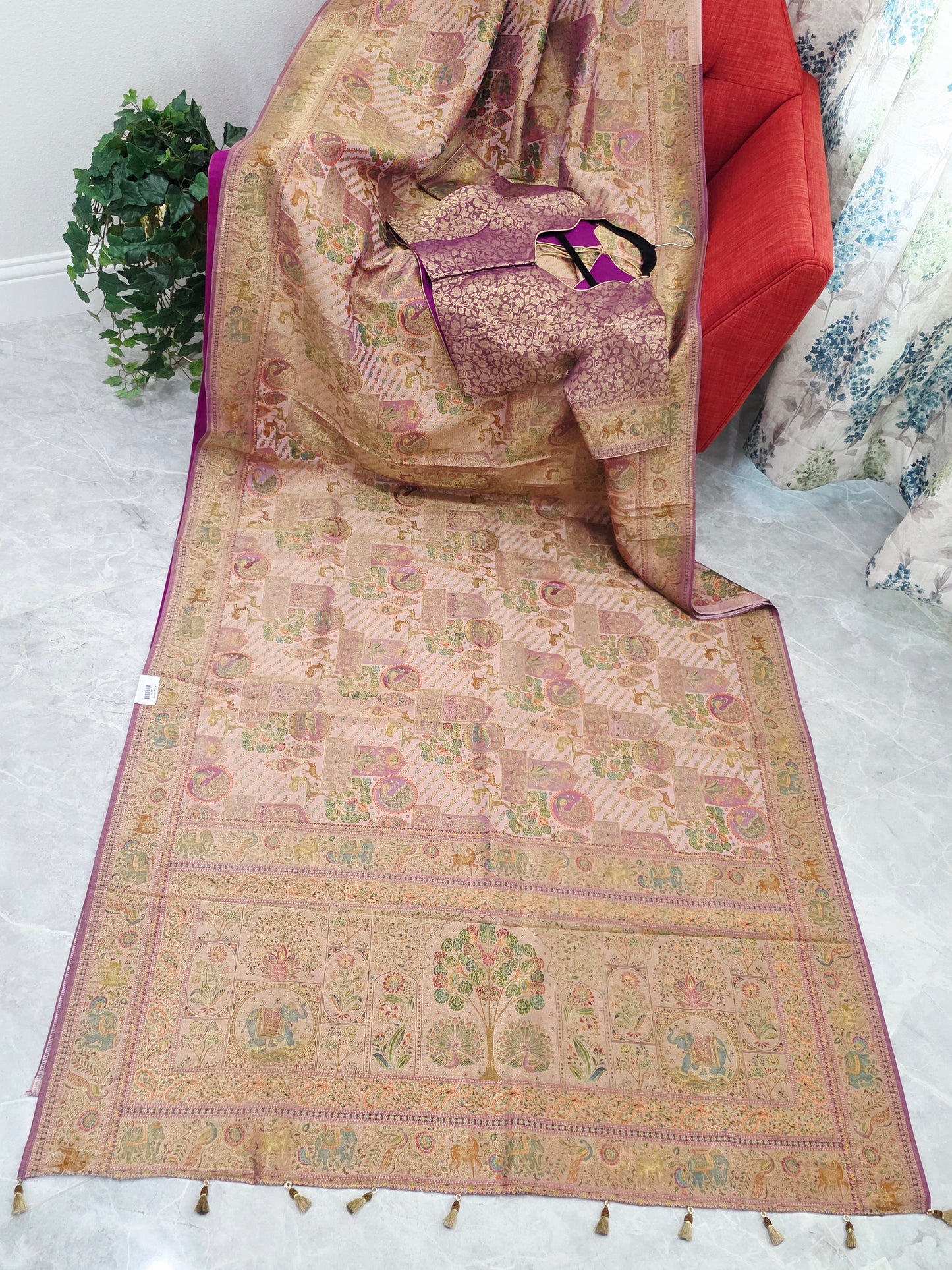 Royal Blush Gold Benarasi Silk Saree with Heritage Pallu & Stitched Blouse