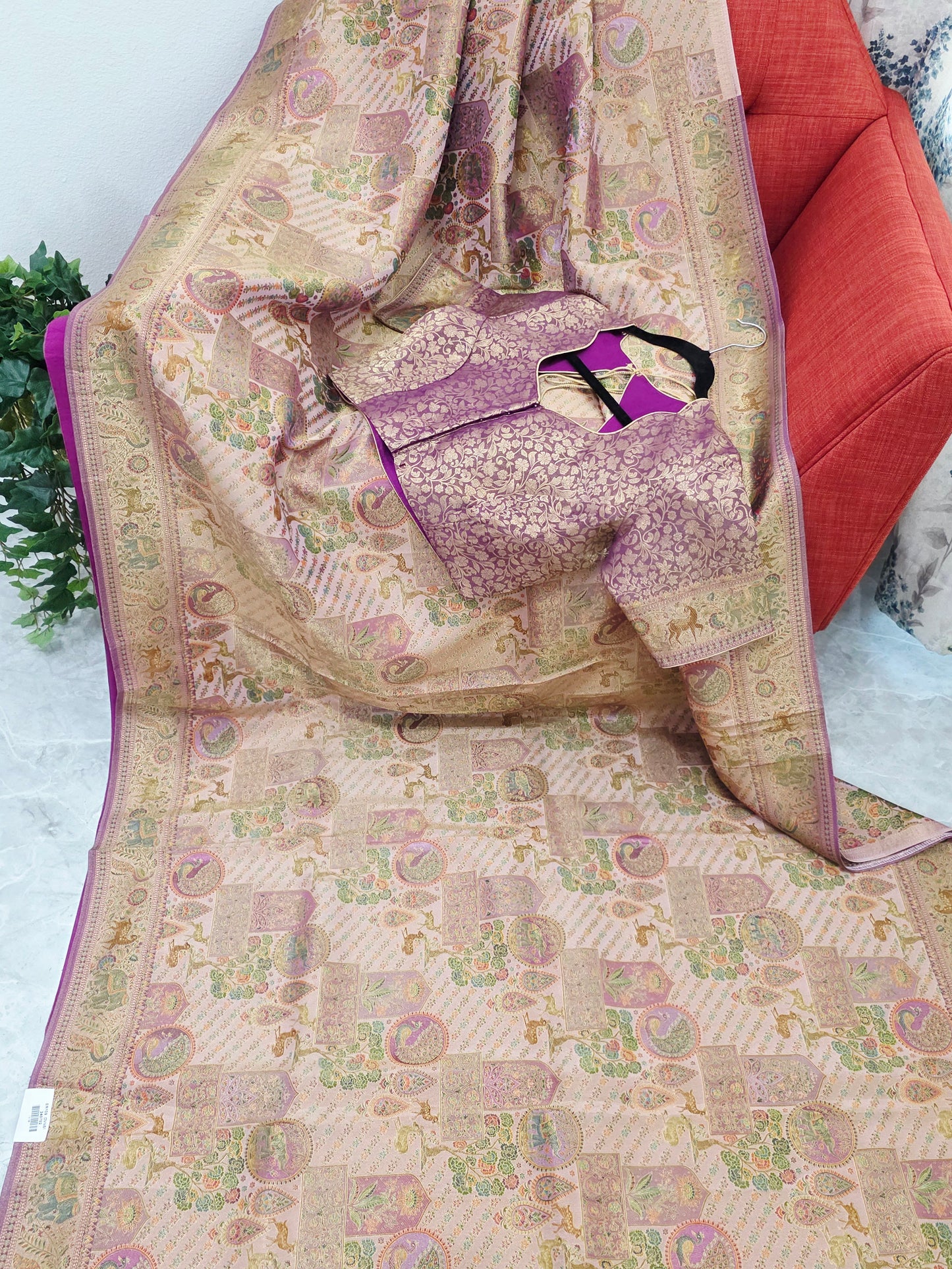 Royal Blush Gold Benarasi Silk Saree with Heritage Pallu & Stitched Blouse