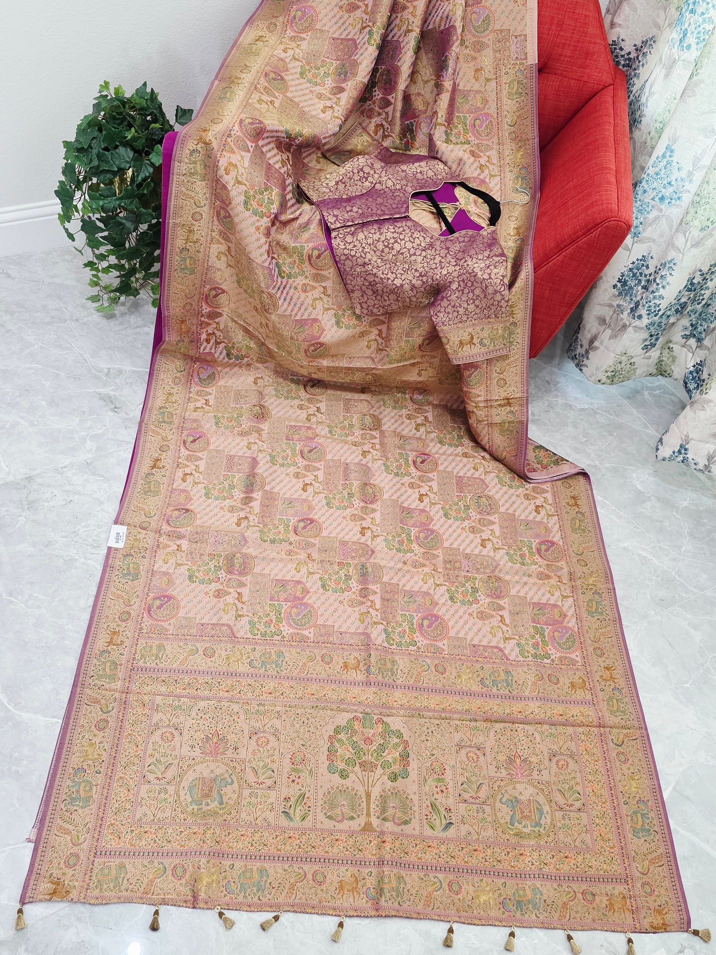 Royal Blush Gold Benarasi Silk Saree with Heritage Pallu & Stitched Blouse