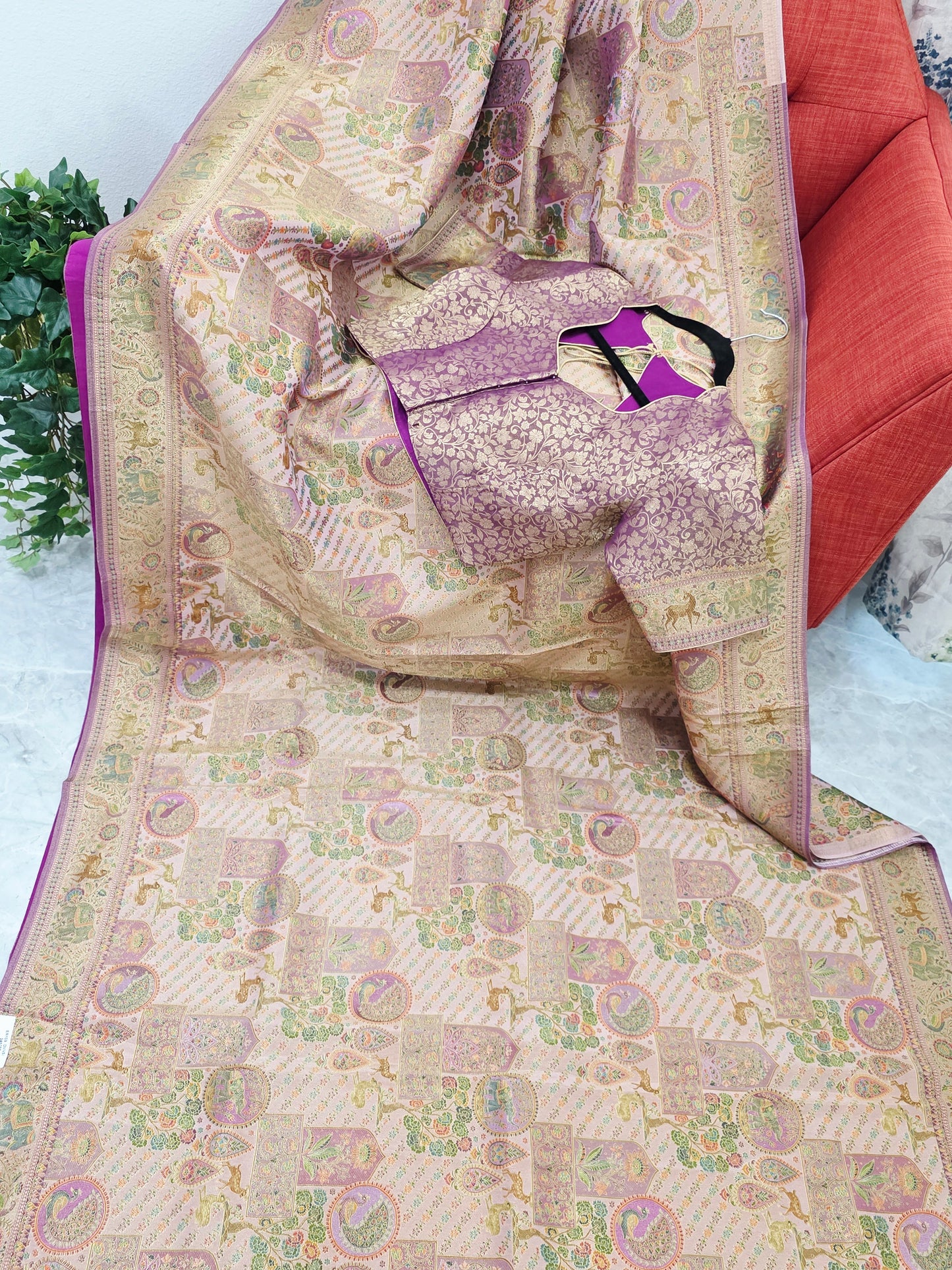 Royal Blush Gold Benarasi Silk Saree with Heritage Pallu & Stitched Blouse