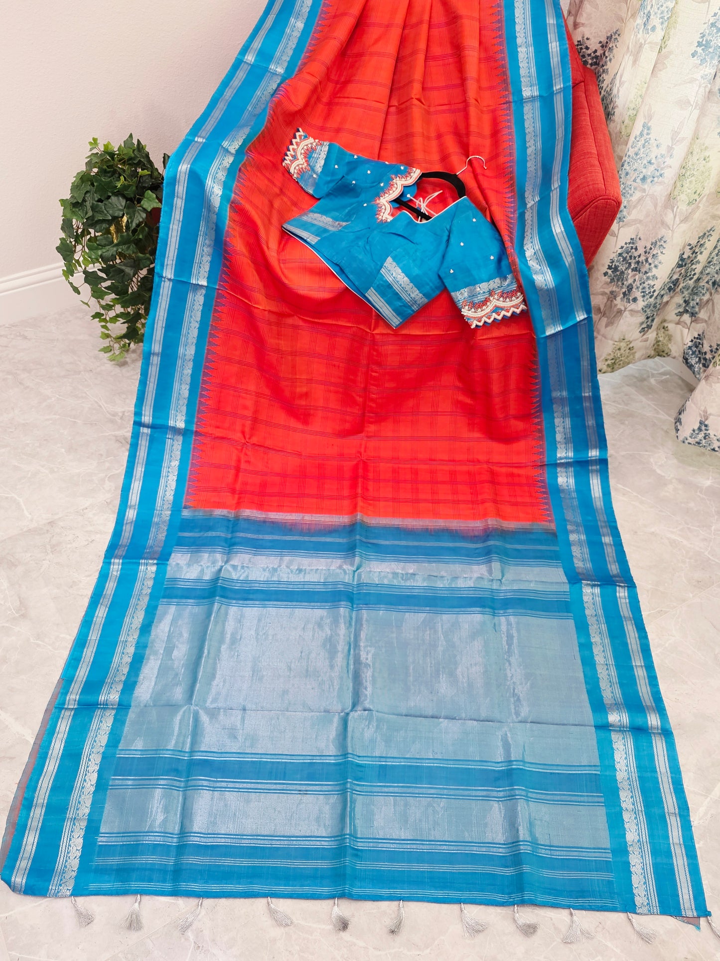 Royal Deep Sunset Orange Pure Gadwal Silk Saree with Peacock Blue Zari Border & Maggam Blouse