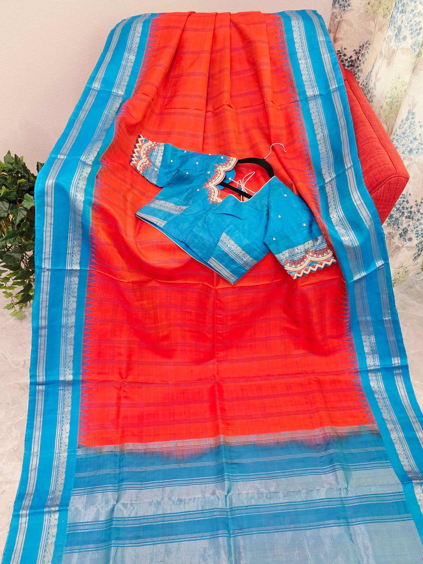 Royal Deep Sunset Orange Pure Gadwal Silk Saree with Peacock Blue Zari Border & Maggam Blouse