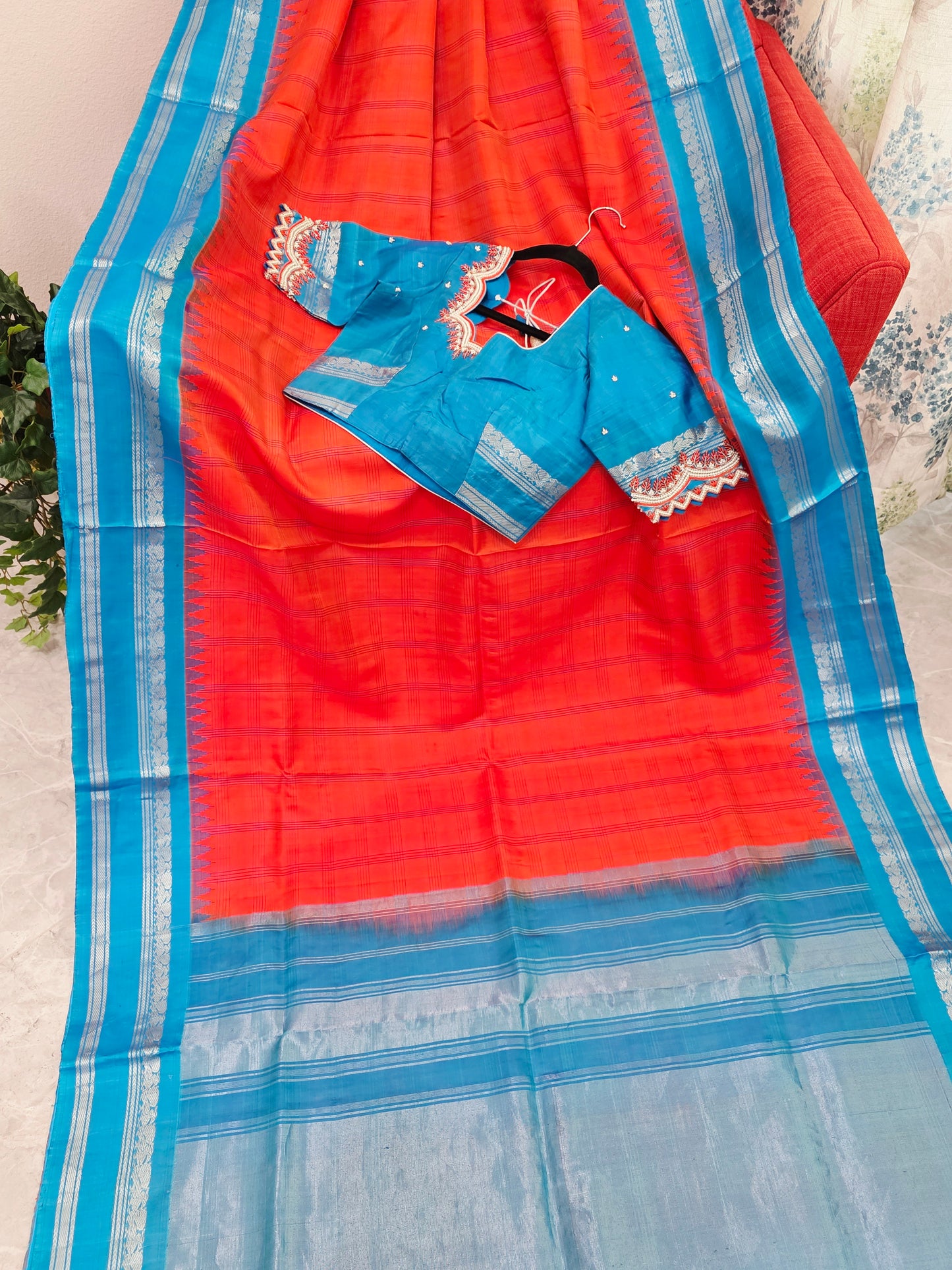 Royal Deep Sunset Orange Pure Gadwal Silk Saree with Peacock Blue Zari Border & Maggam Blouse