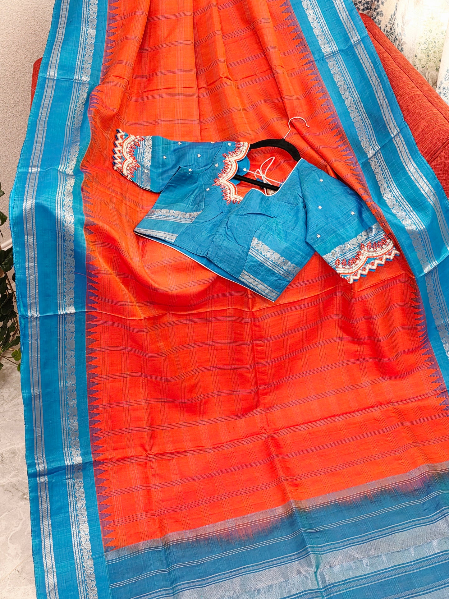 Royal Deep Sunset Orange Pure Gadwal Silk Saree with Peacock Blue Zari Border & Maggam Blouse