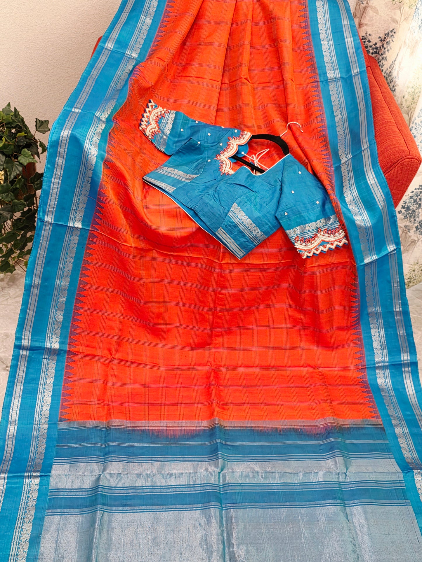 Royal Deep Sunset Orange Pure Gadwal Silk Saree with Peacock Blue Zari Border & Maggam Blouse