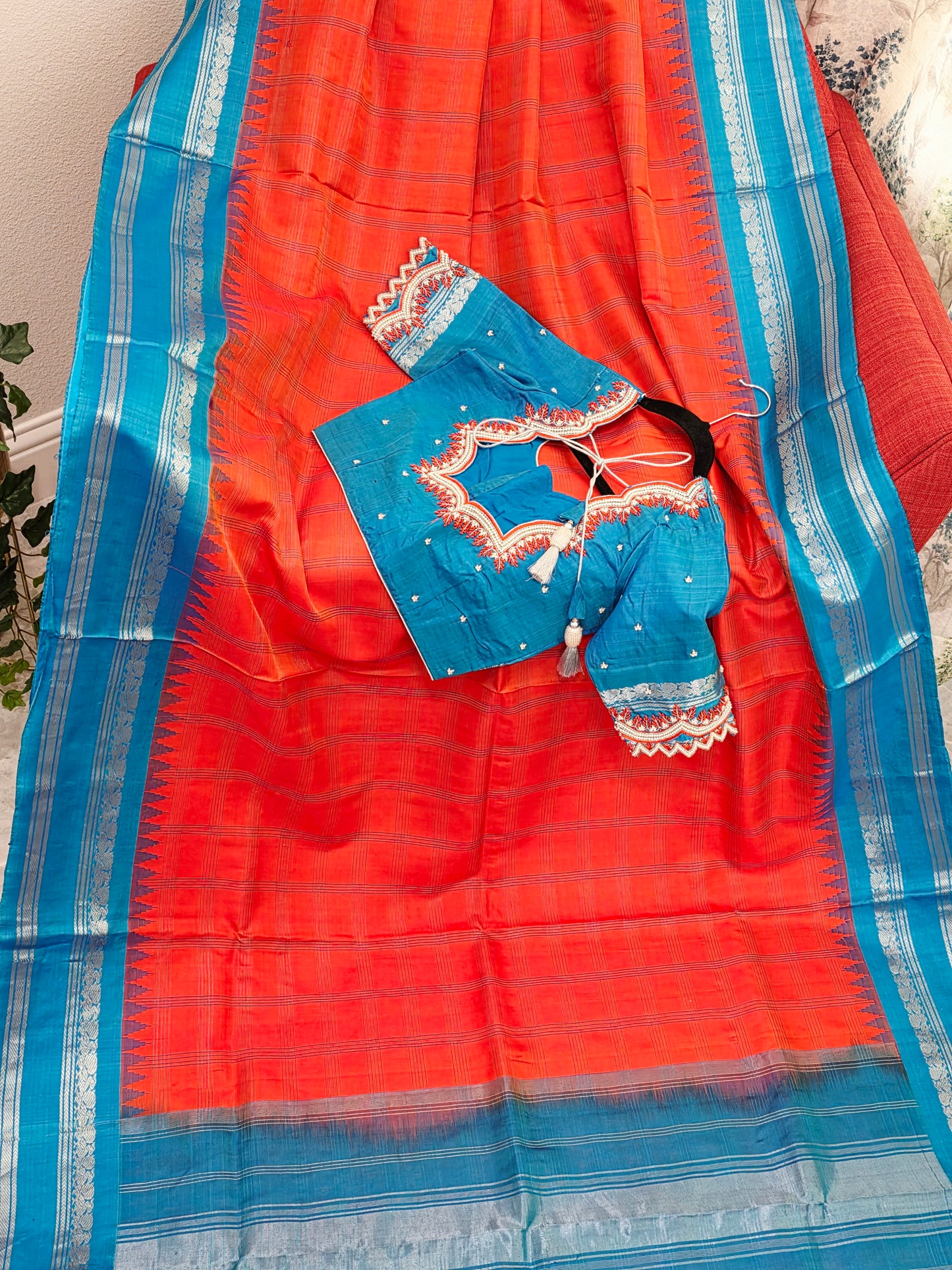 Royal Deep Sunset Orange Pure Gadwal Silk Saree with Peacock Blue Zari Border & Maggam Blouse