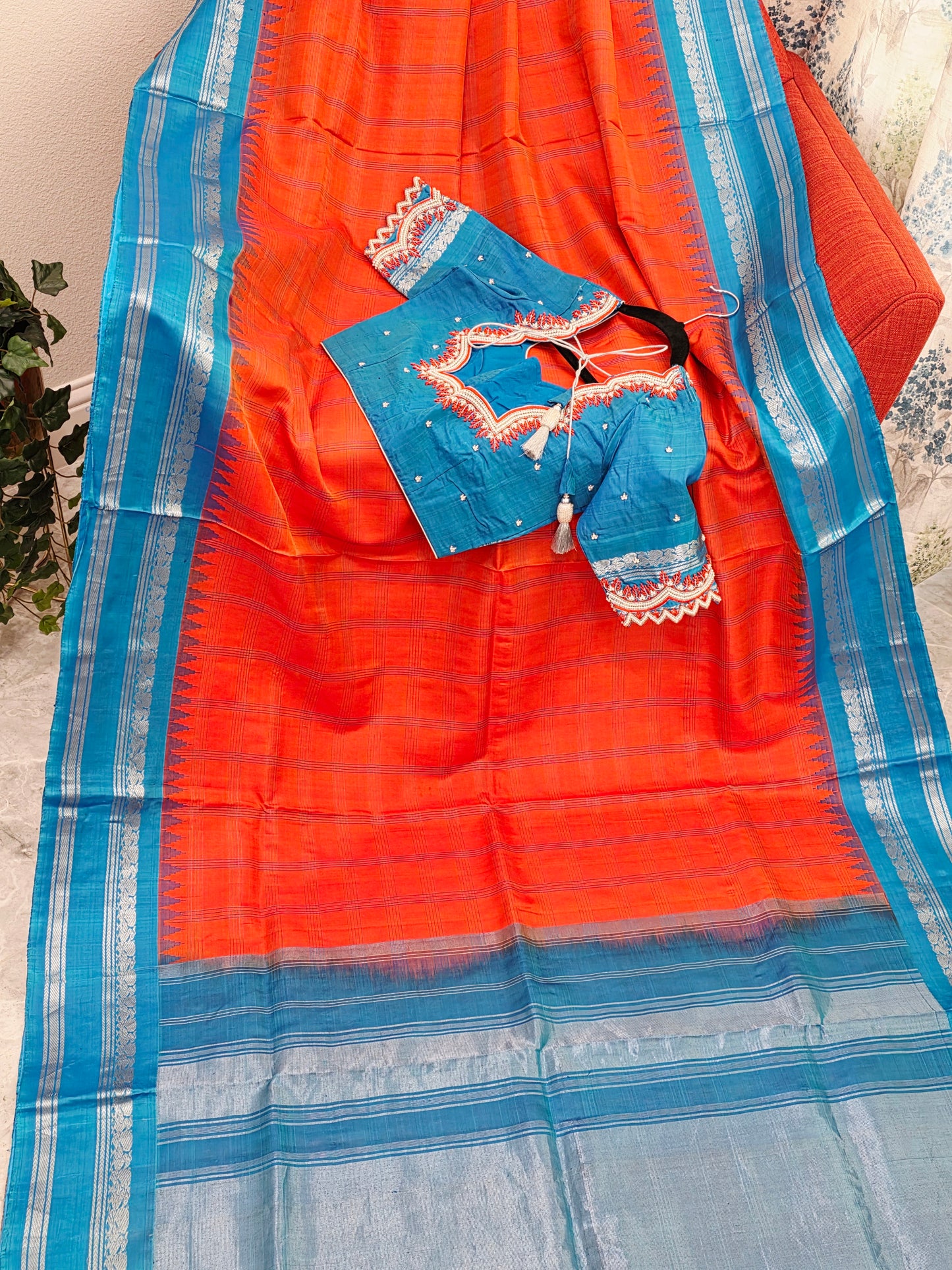 Royal Deep Sunset Orange Pure Gadwal Silk Saree with Peacock Blue Zari Border & Maggam Blouse