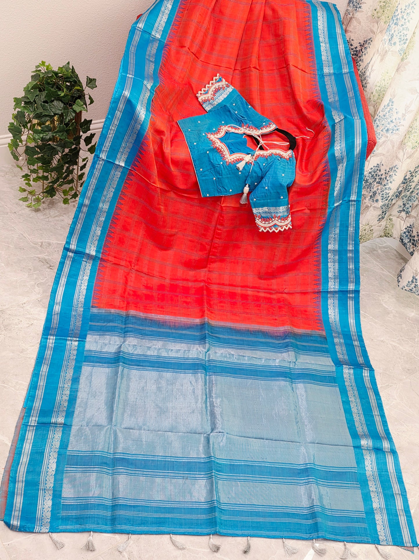 Royal Deep Sunset Orange Pure Gadwal Silk Saree with Peacock Blue Zari Border & Maggam Blouse