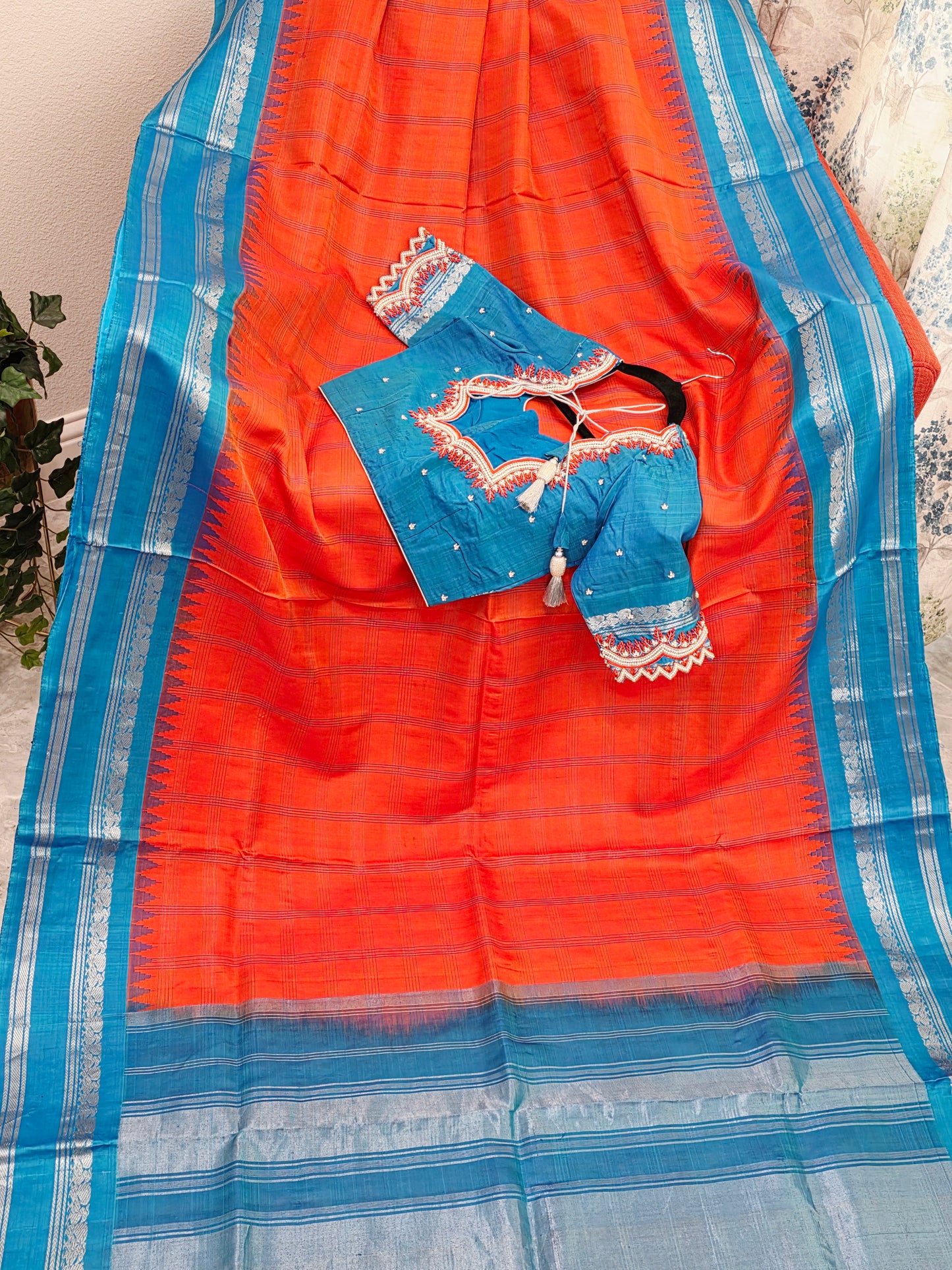 Royal Deep Sunset Orange Pure Gadwal Silk Saree with Peacock Blue Zari Border & Maggam Blouse