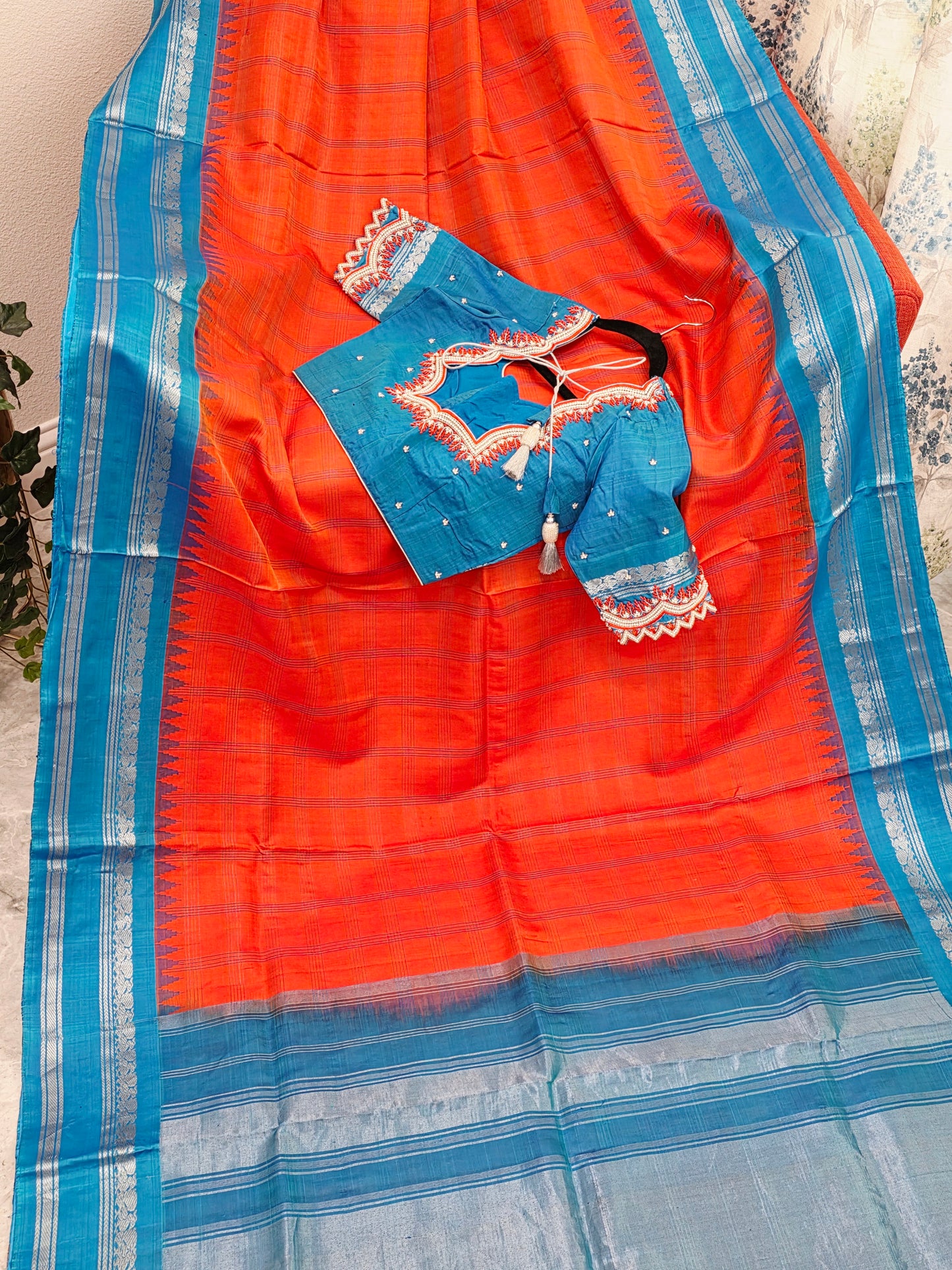 Royal Deep Sunset Orange Pure Gadwal Silk Saree with Peacock Blue Zari Border & Maggam Blouse