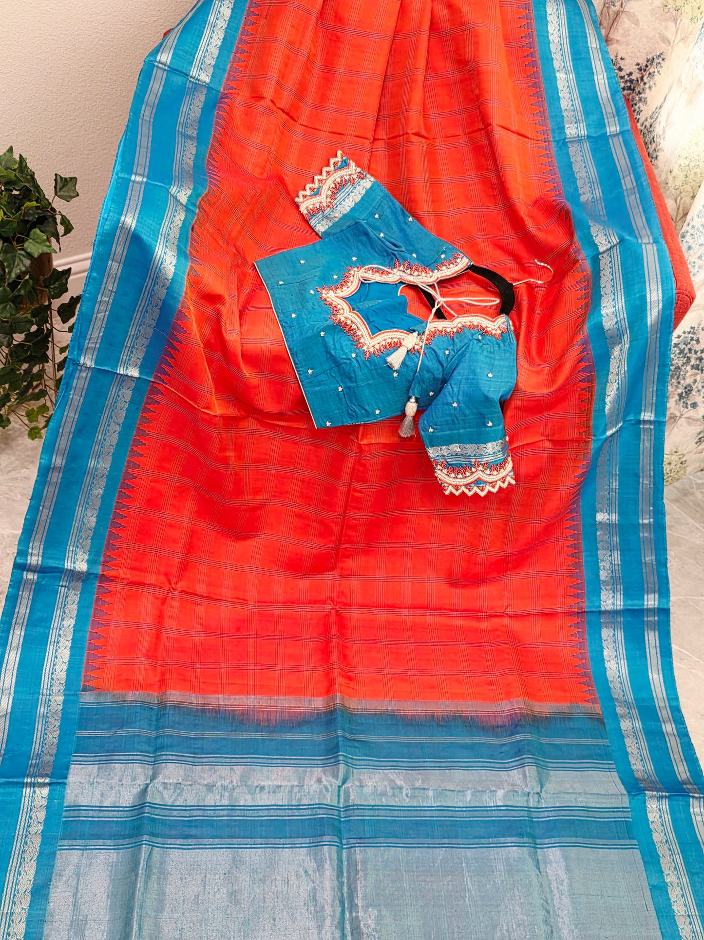 Royal Deep Sunset Orange Pure Gadwal Silk Saree with Peacock Blue Zari Border & Maggam Blouse