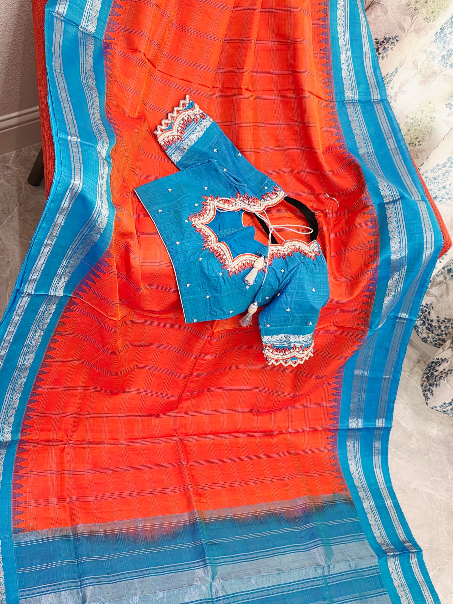 Royal Deep Sunset Orange Pure Gadwal Silk Saree with Peacock Blue Zari Border & Maggam Blouse