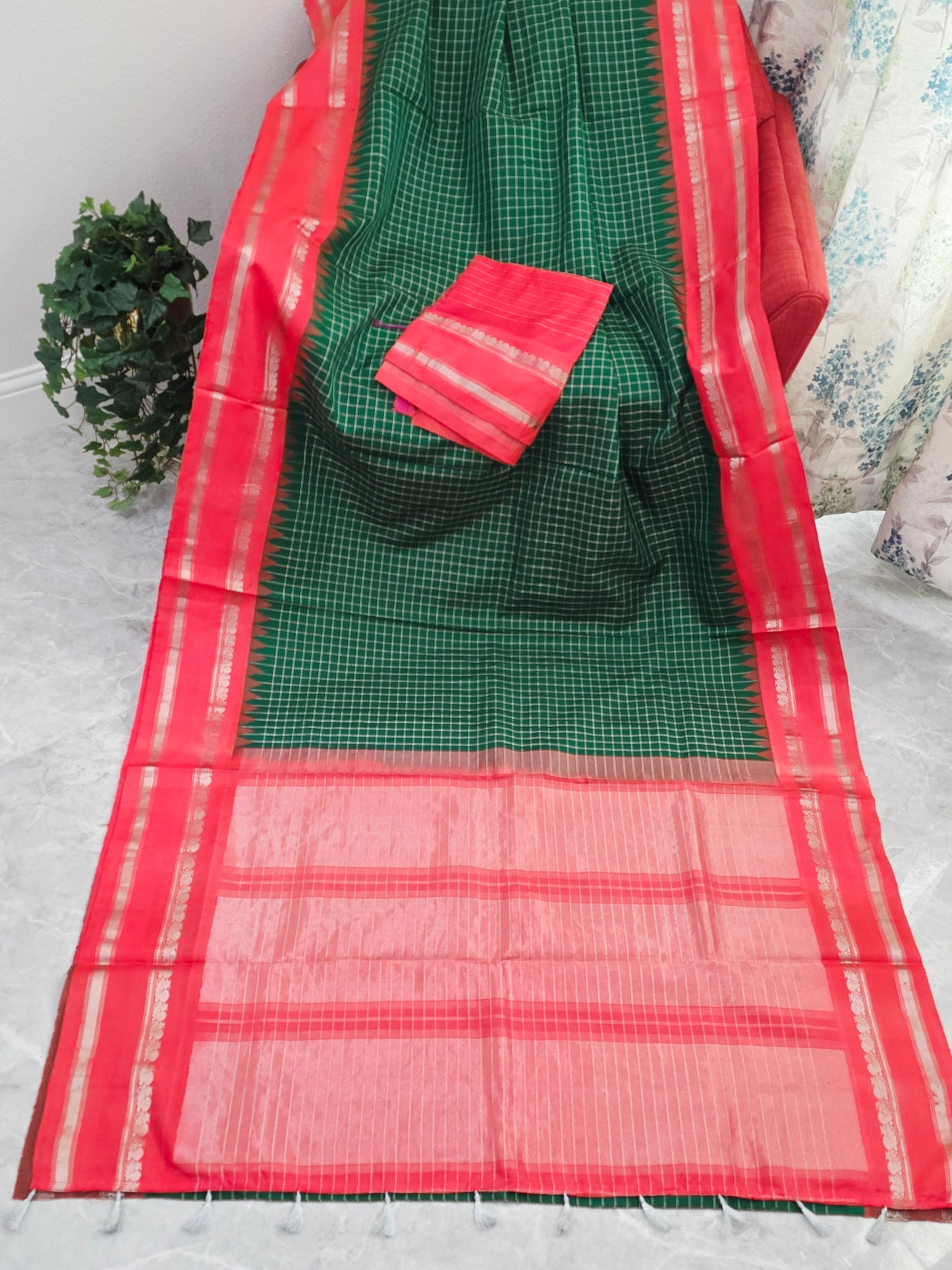 Royal Bottle Green & Sunset Orange Zari Elegance – Pure Gadwal Handloom Saree