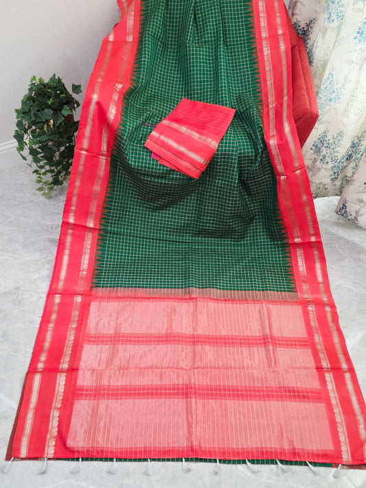 Royal Bottle Green & Sunset Orange Zari Elegance – Pure Gadwal Handloom Saree