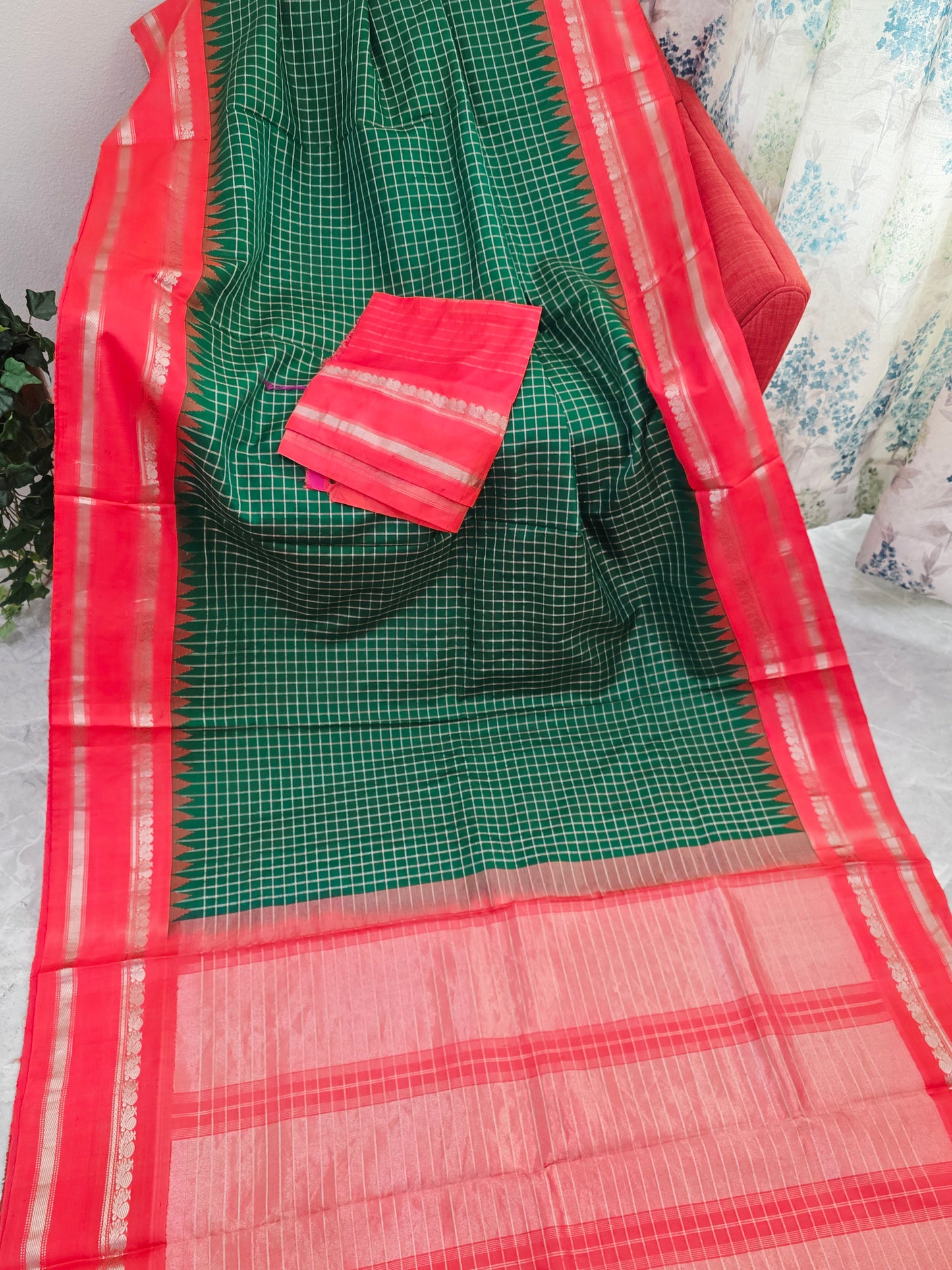 Royal Bottle Green & Sunset Orange Zari Elegance – Pure Gadwal Handloom Saree