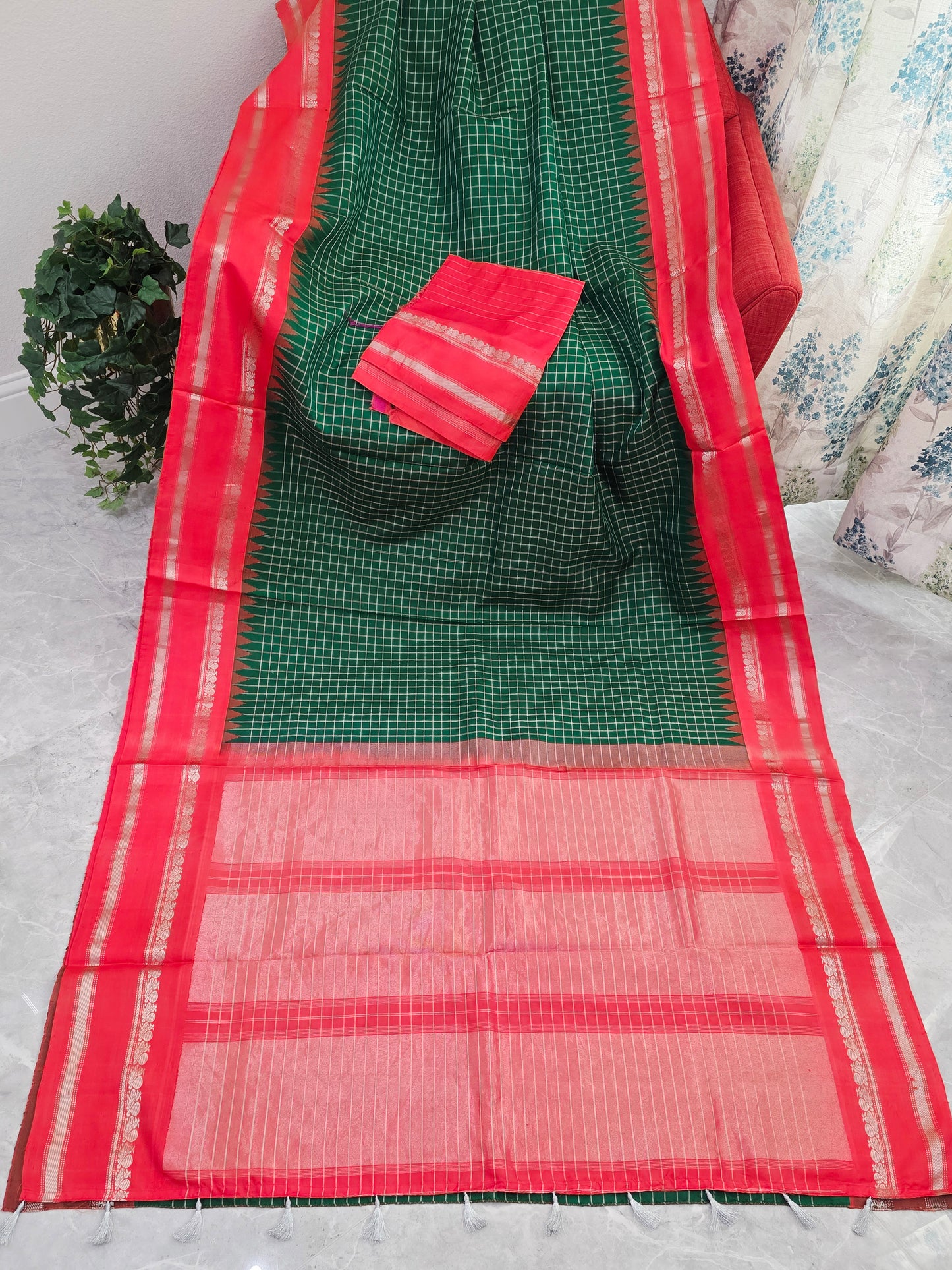 Royal Bottle Green & Sunset Orange Zari Elegance – Pure Gadwal Handloom Saree