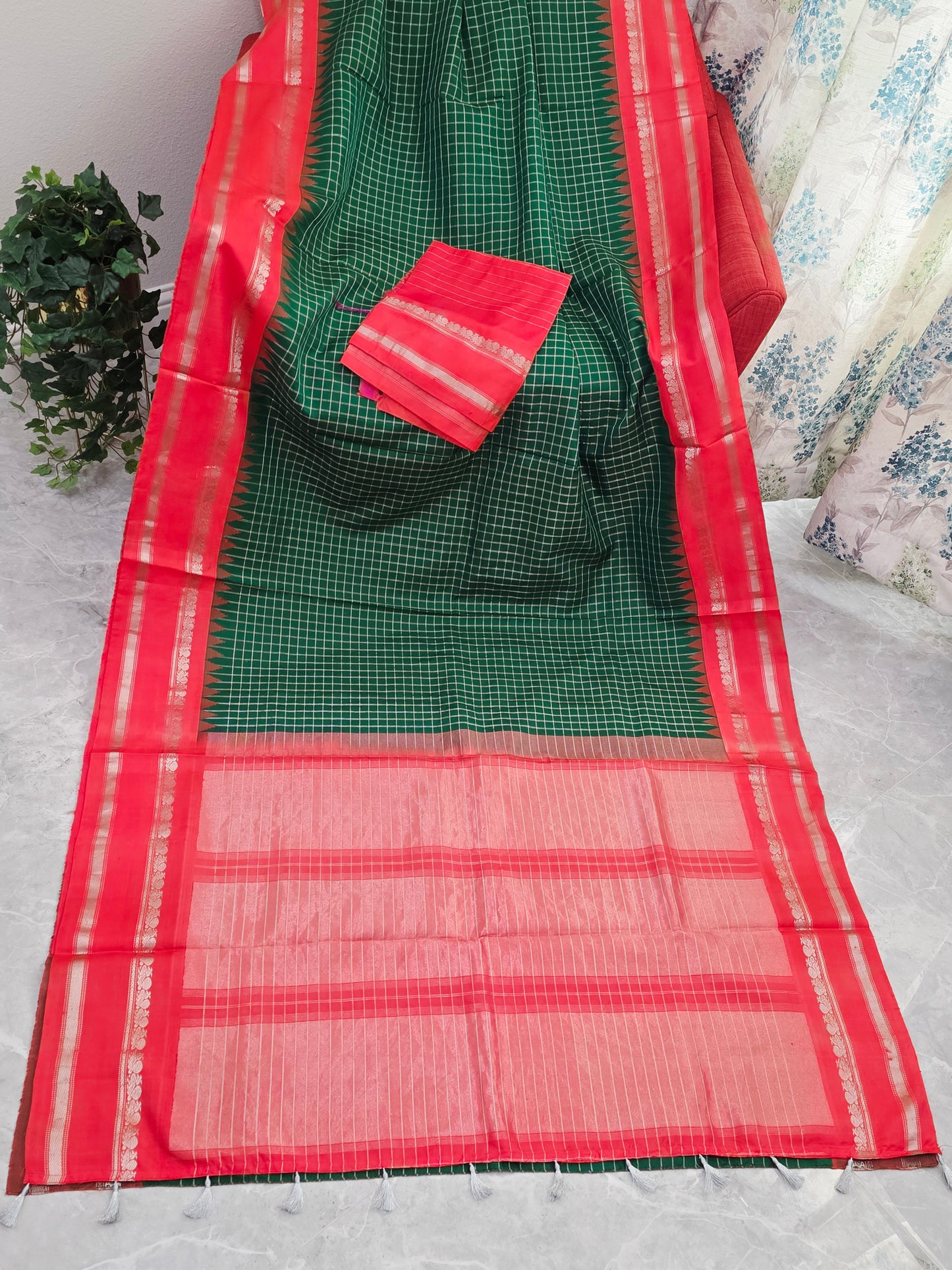 Royal Bottle Green & Sunset Orange Zari Elegance – Pure Gadwal Handloom Saree