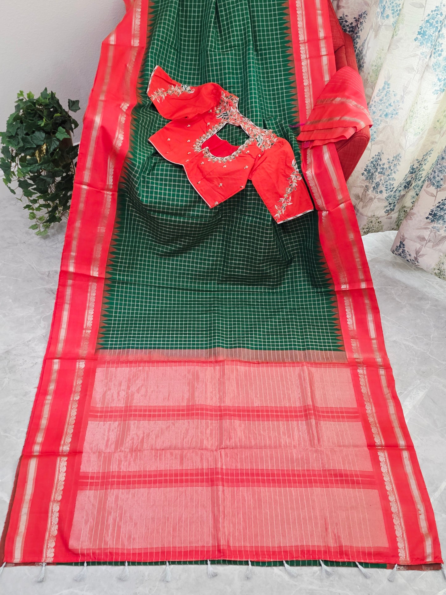 Royal Bottle Green Check Pure Gadwal Handloom Saree with Sunset Orange Zari Border & Maggam Blouse