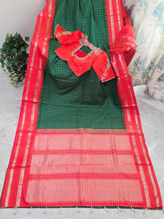 Royal Bottle Green Check Pure Gadwal Handloom Saree with Sunset Orange Zari Border & Maggam Blouse