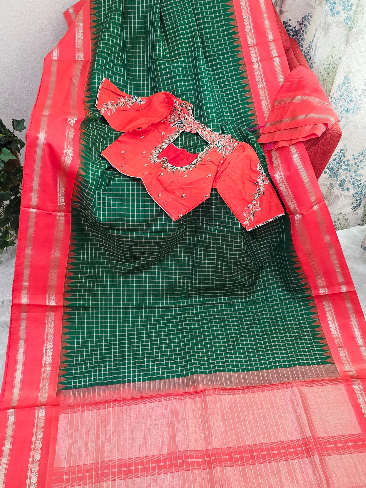Royal Bottle Green Check Pure Gadwal Handloom Saree with Sunset Orange Zari Border & Maggam Blouse