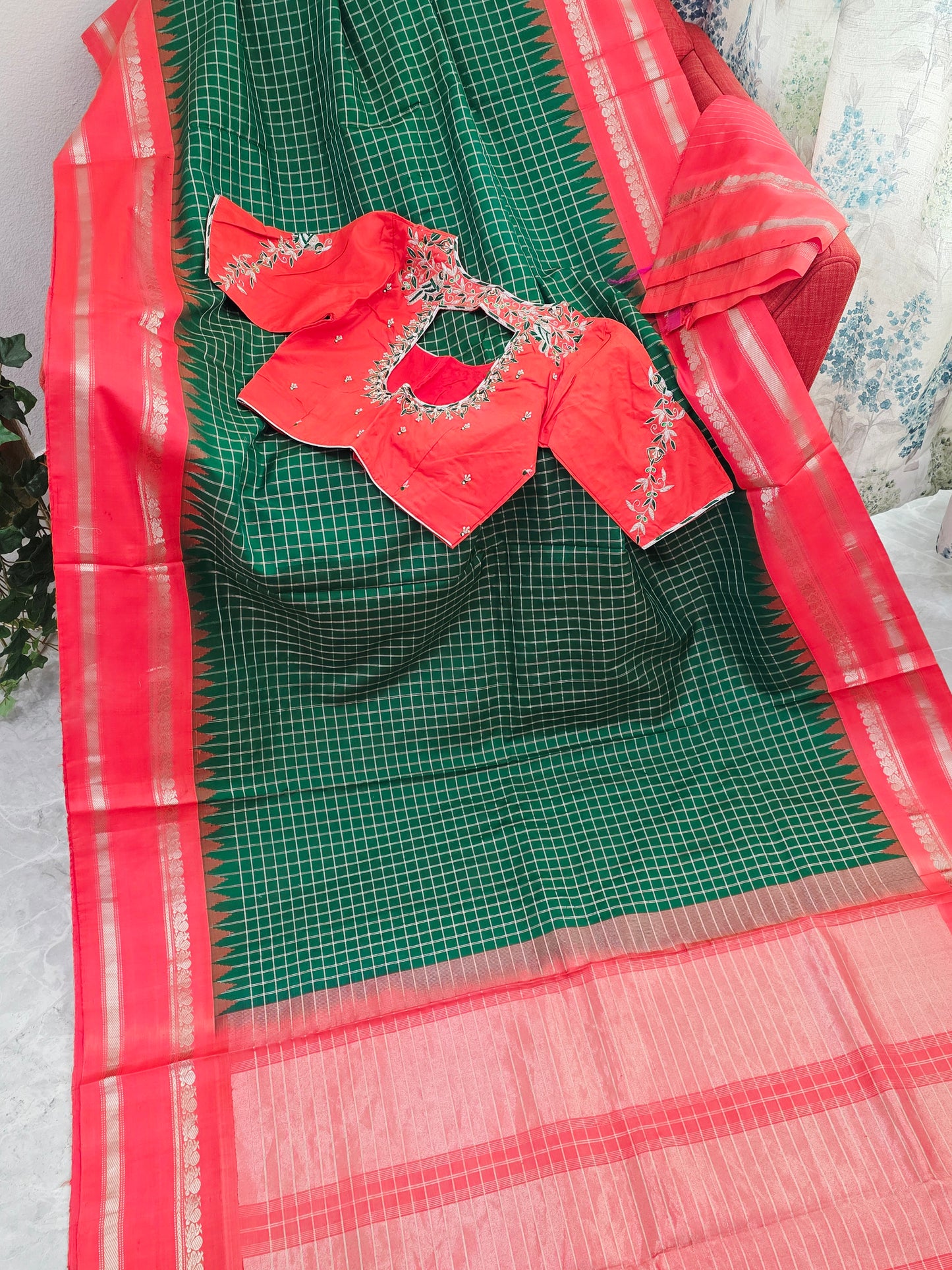 Royal Bottle Green Check Pure Gadwal Handloom Saree with Sunset Orange Zari Border & Maggam Blouse