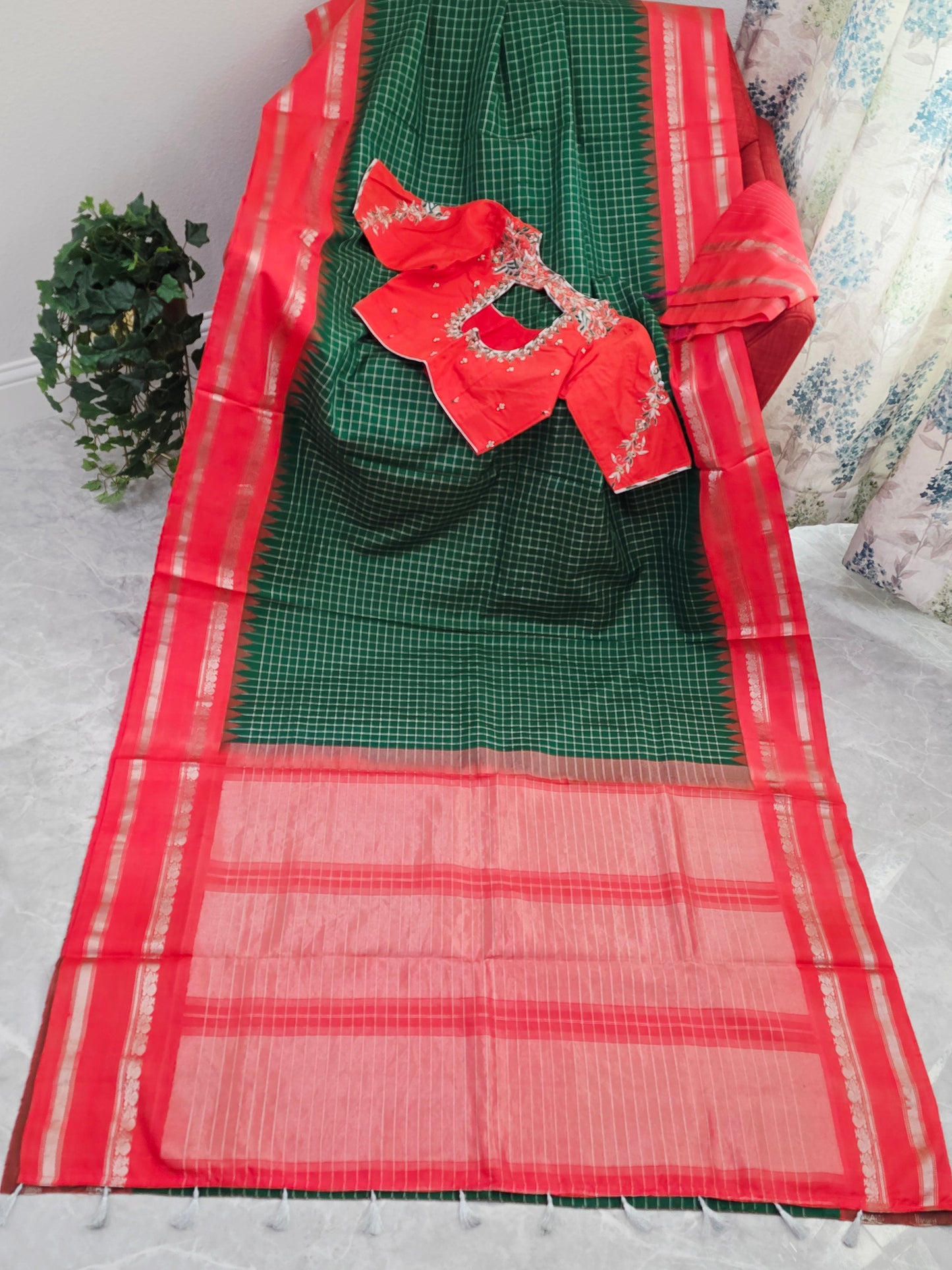 Royal Bottle Green Check Pure Gadwal Handloom Saree with Sunset Orange Zari Border & Maggam Blouse